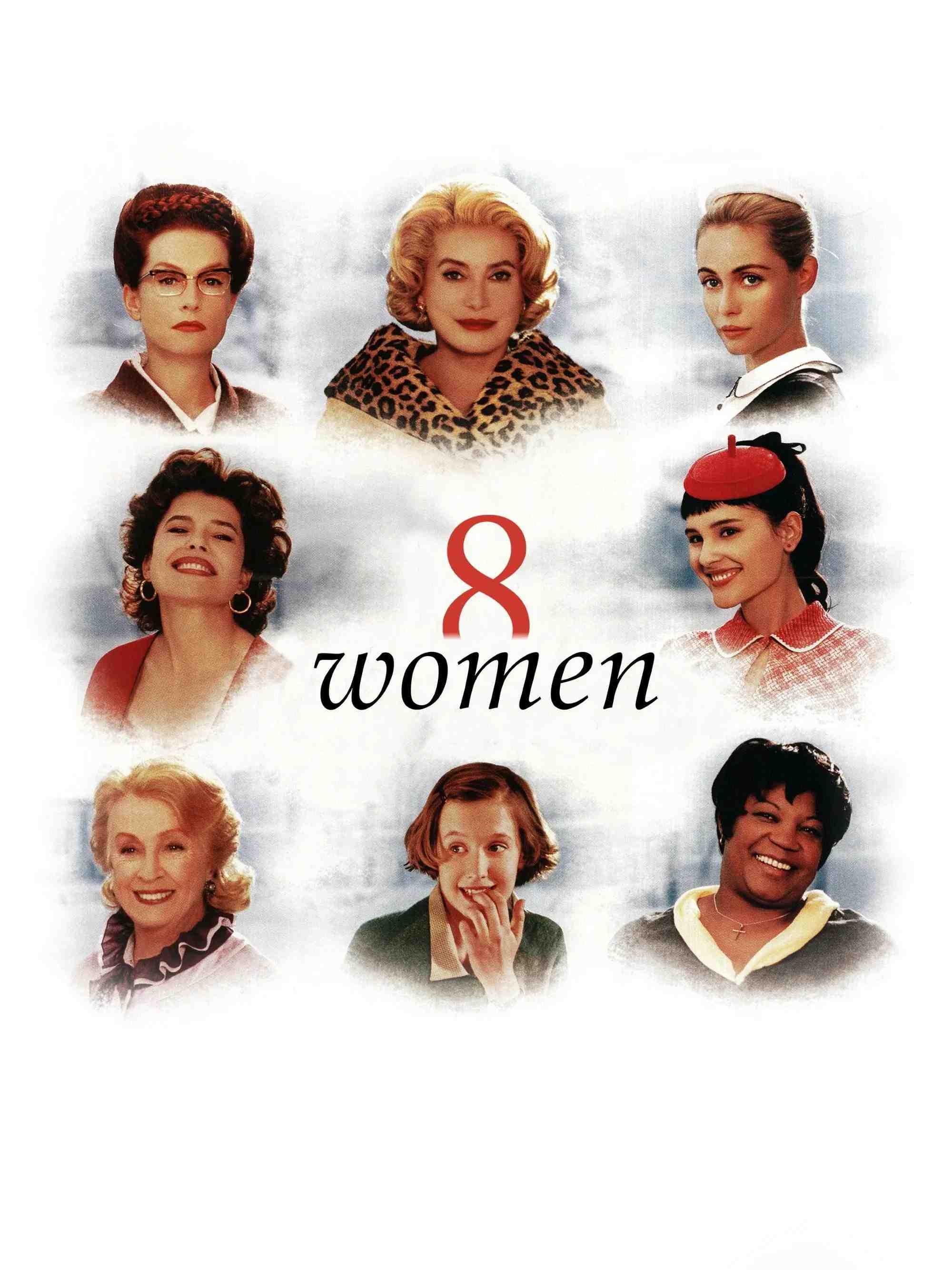 Poster chính thức của phim Phim Hài, Phim Giật Gân "Tám Người Phụ Nữ" (8 Women - 2002), với sự tham gia của diễn viên Catherine Deneuve và Isabelle Huppert.