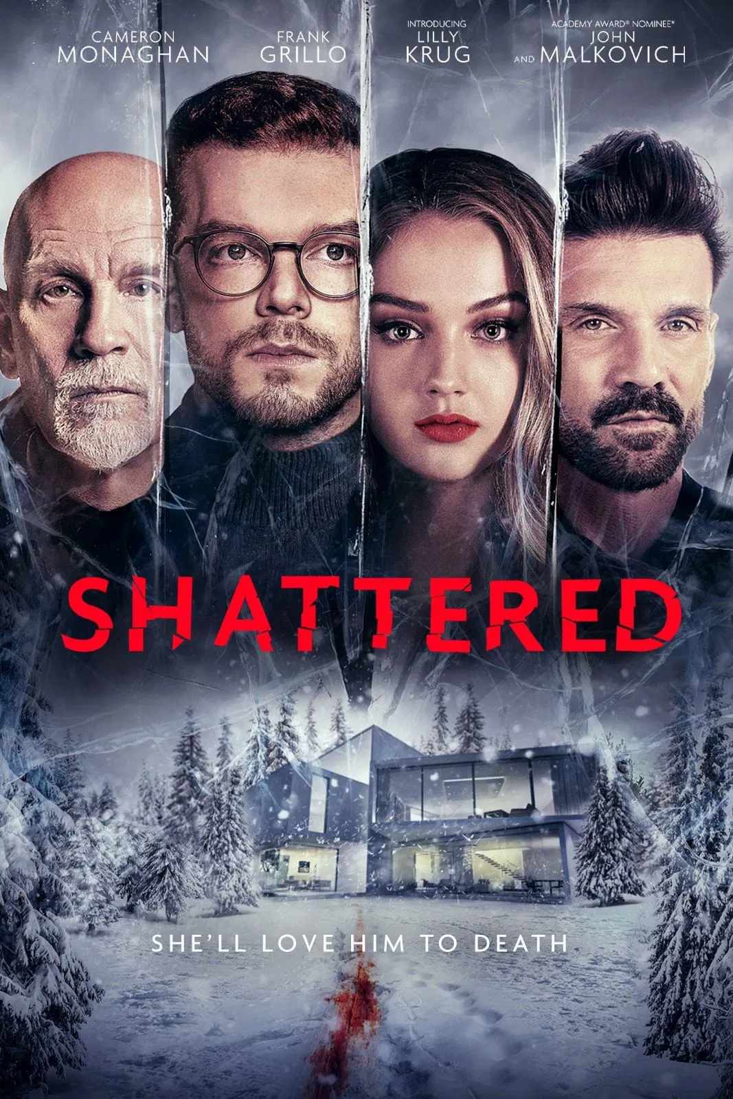 Poster chính thức của phim Phim Giật Gân, Phim Kinh Dị "Tan Nát" (Shattered - 2022), với sự tham gia của diễn viên Cameron Monaghan và Lilly Krug.