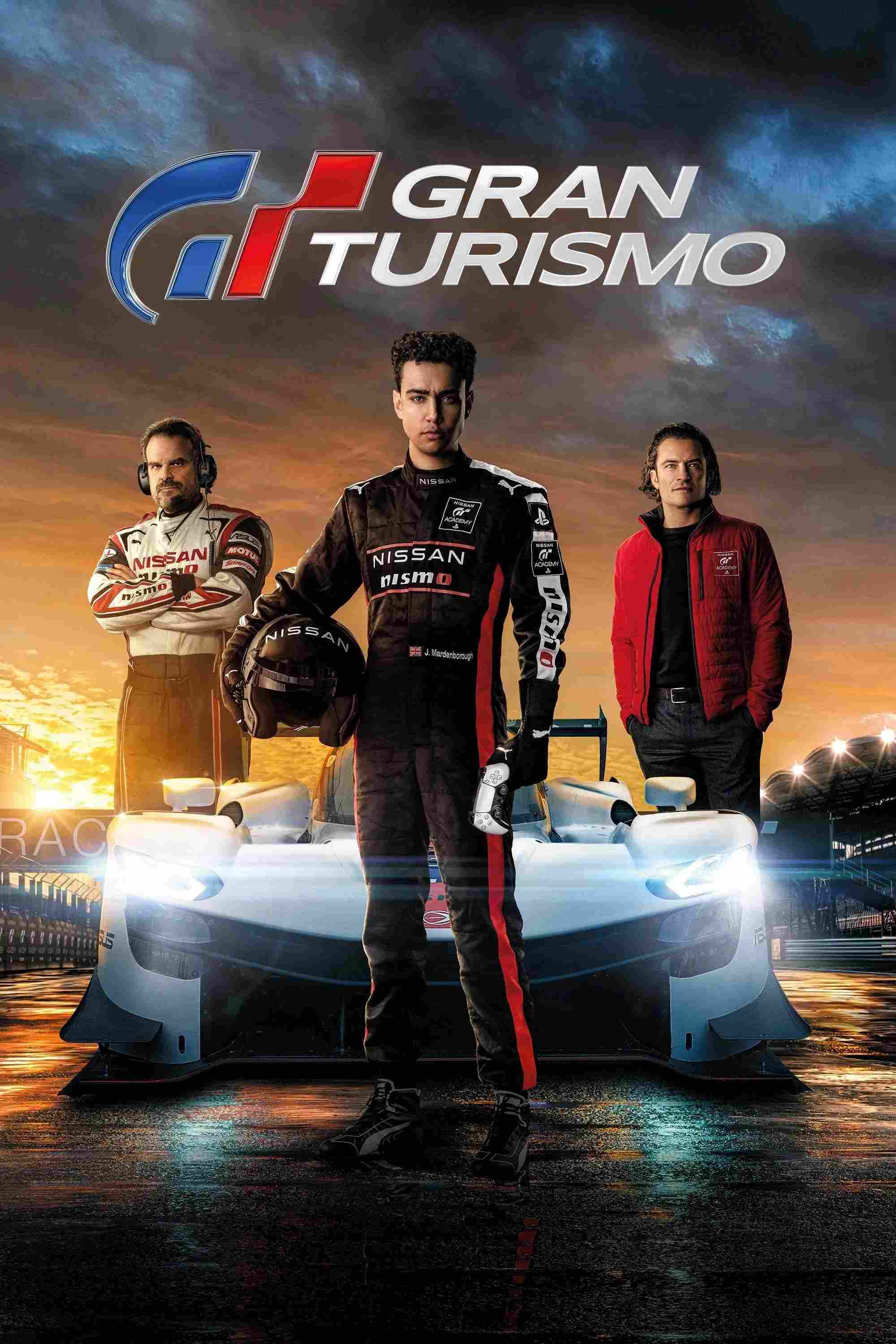 Poster chính thức của phim Phim Phiêu Lưu, Phim Hành Động "Tay Đua Cự Phách" (Gran Turismo - 2023), với sự tham gia của diễn viên Archie Madekwe và David Harbour.