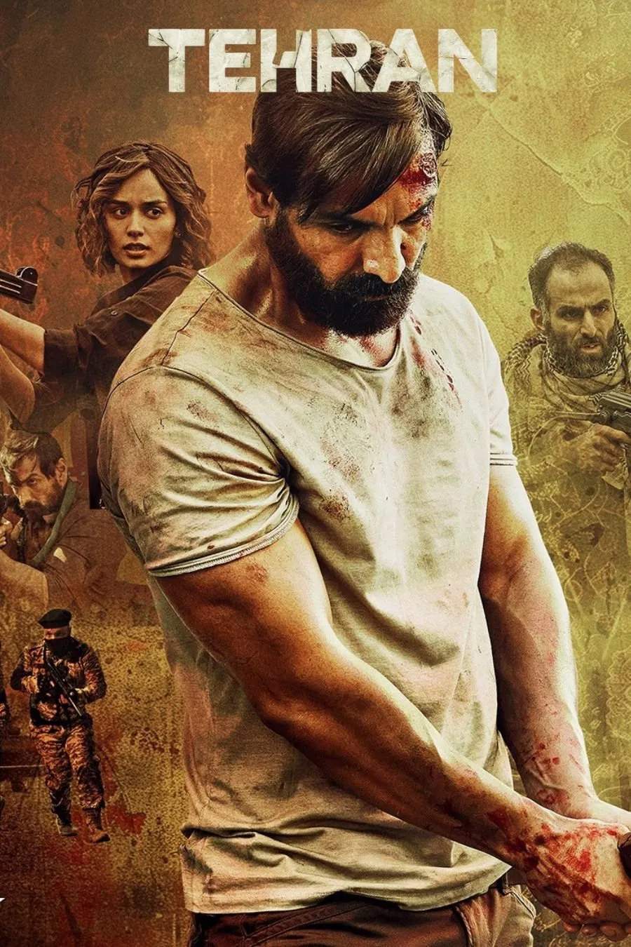 Poster chính thức của phim Phim Hành Động, Phim Giật Gân "Tehran" (Tehran - 2025), với sự tham gia của diễn viên John Abraham và Neeru Bajwa.