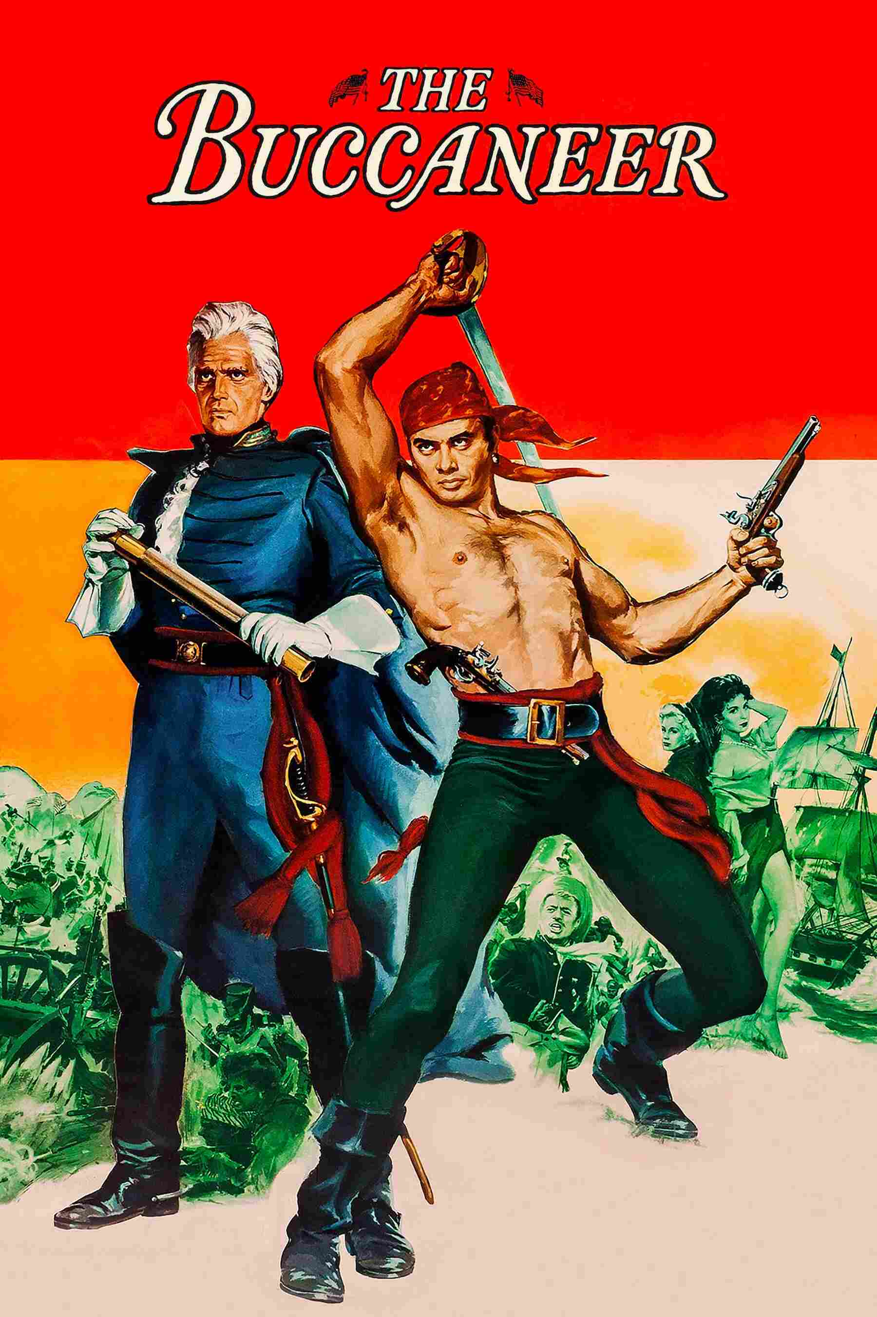 Poster chính thức của phim Phim Phiêu Lưu, Phim Tâm Lý "Tên cướp biển" (The Buccaneer - 1958), với sự tham gia của diễn viên Yul Brynner và Claire Bloom.
