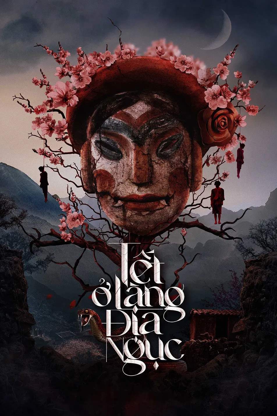 Poster chính thức của phim Phim Bí Ẩn, Phim Tâm Lý "Tết Ở Làng Địa Ngục" (Hellbound Village - 2023), với sự tham gia của diễn viên Ngô Quang Tuấn và Lan Phương.