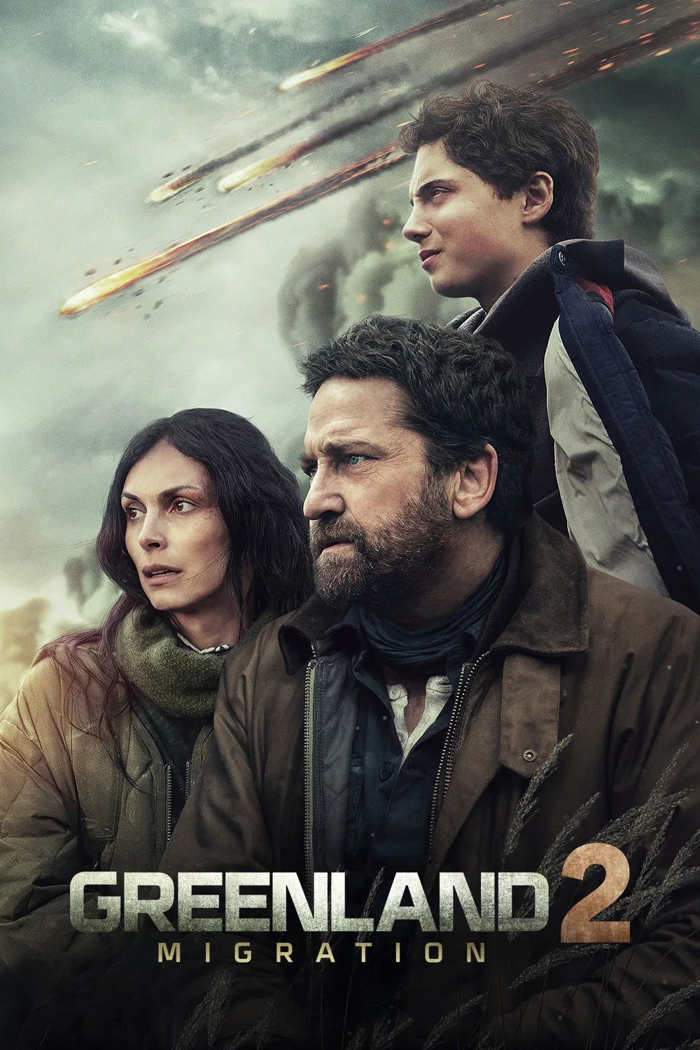 Poster chính thức của phim Phim Phiêu Lưu, Phim Giật Gân "Thảm Họa Thiên Thạch 2: Di Tản" (Greenland 2: Migration - 2026), với sự tham gia của diễn viên Gerard Butler và Morena Baccarin.