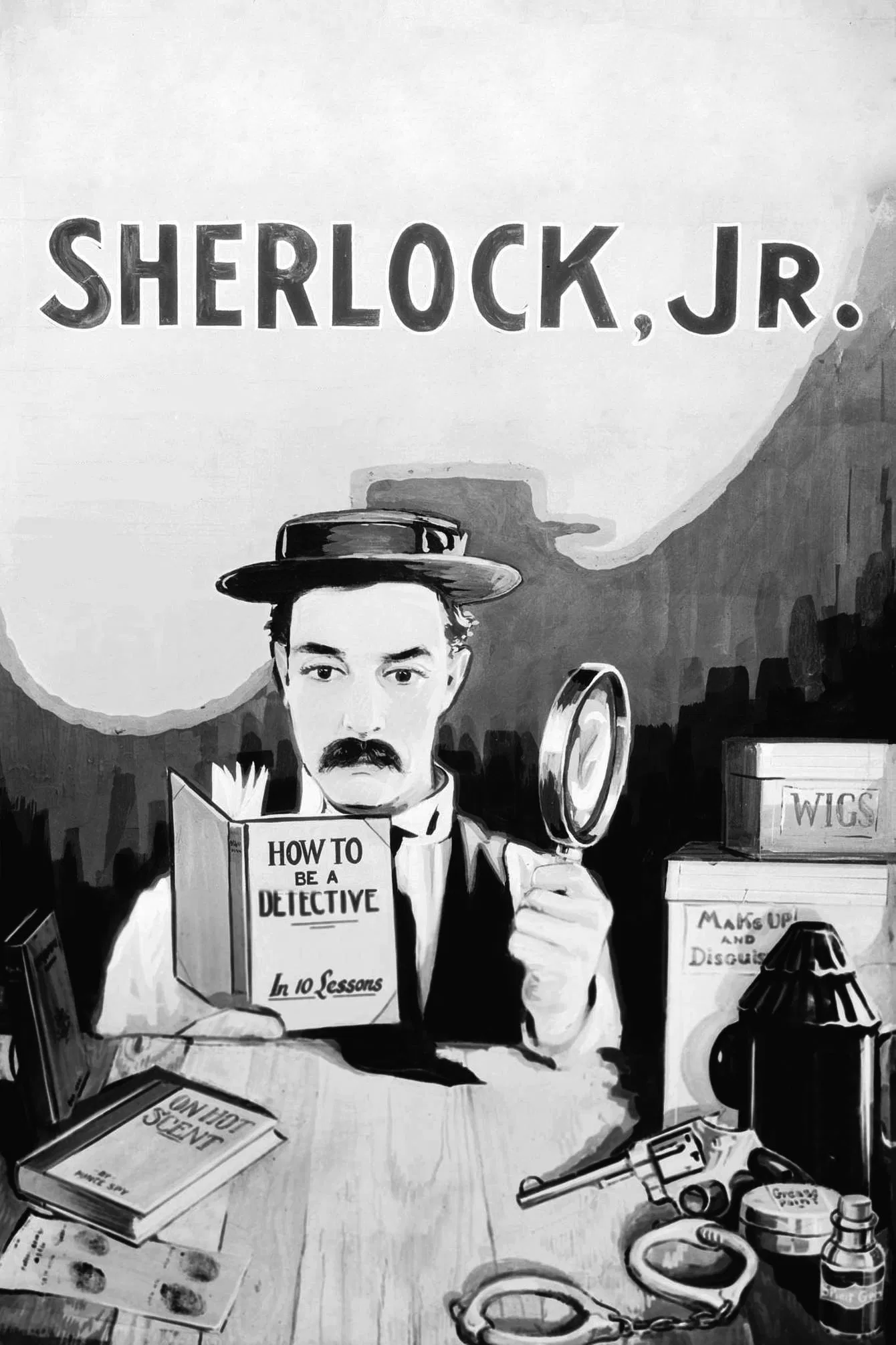 Poster chính thức của phim Phim Hành Động, Phim Hài "Thám Tử Sherlock Con" (Sherlock Jr. - 1924), với sự tham gia của diễn viên Buster Keaton và Kathryn McGuire.