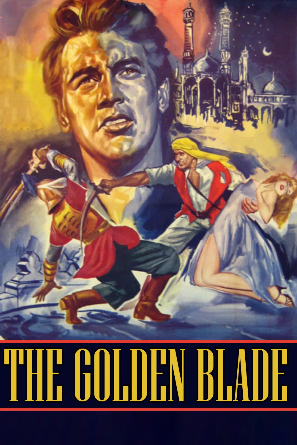 Poster chính thức của phim Phim Phiêu Lưu, Phim Giả Tượng "Thanh Gươm Hoàng Tộc" (The Golden Blade - 1953), với sự tham gia của diễn viên Rock Hudson và Piper Laurie.