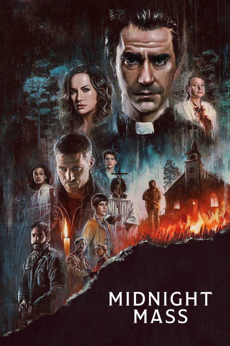 Poster chính thức của phim Phim Bí Ẩn, Phim Tâm Lý "Thánh Lễ Ác Mộng" (Midnight Mass - 2021), với sự tham gia của diễn viên Hamish Linklater và Zach Gilford.