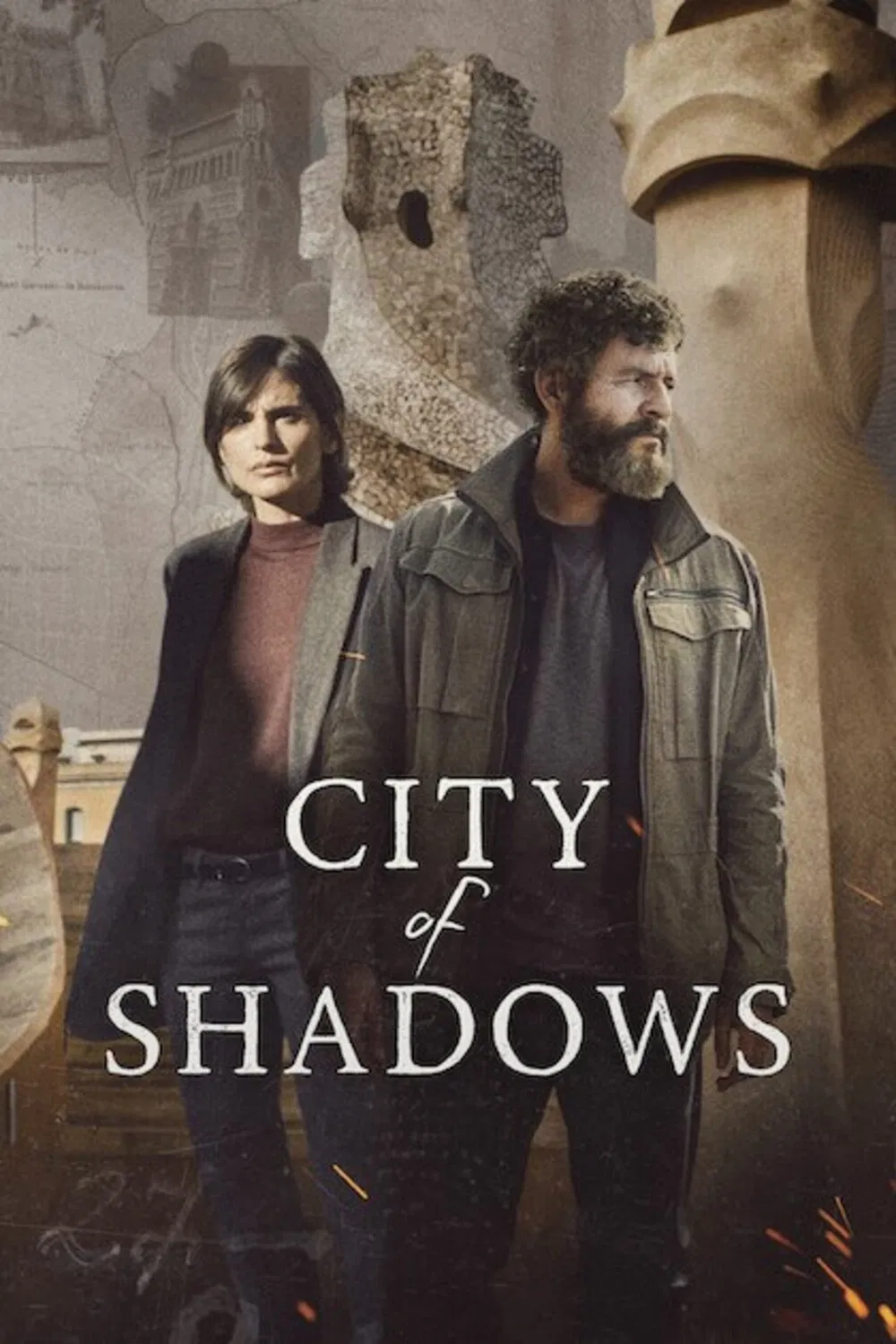 Poster chính thức của phim Phim Hình Sự, Phim Bí Ẩn "Thành Phố Bóng Tối (Ciudad de sombras)" (City of Shadows - 2025), với sự tham gia của diễn viên Isak Férriz và Verónica Echegui.