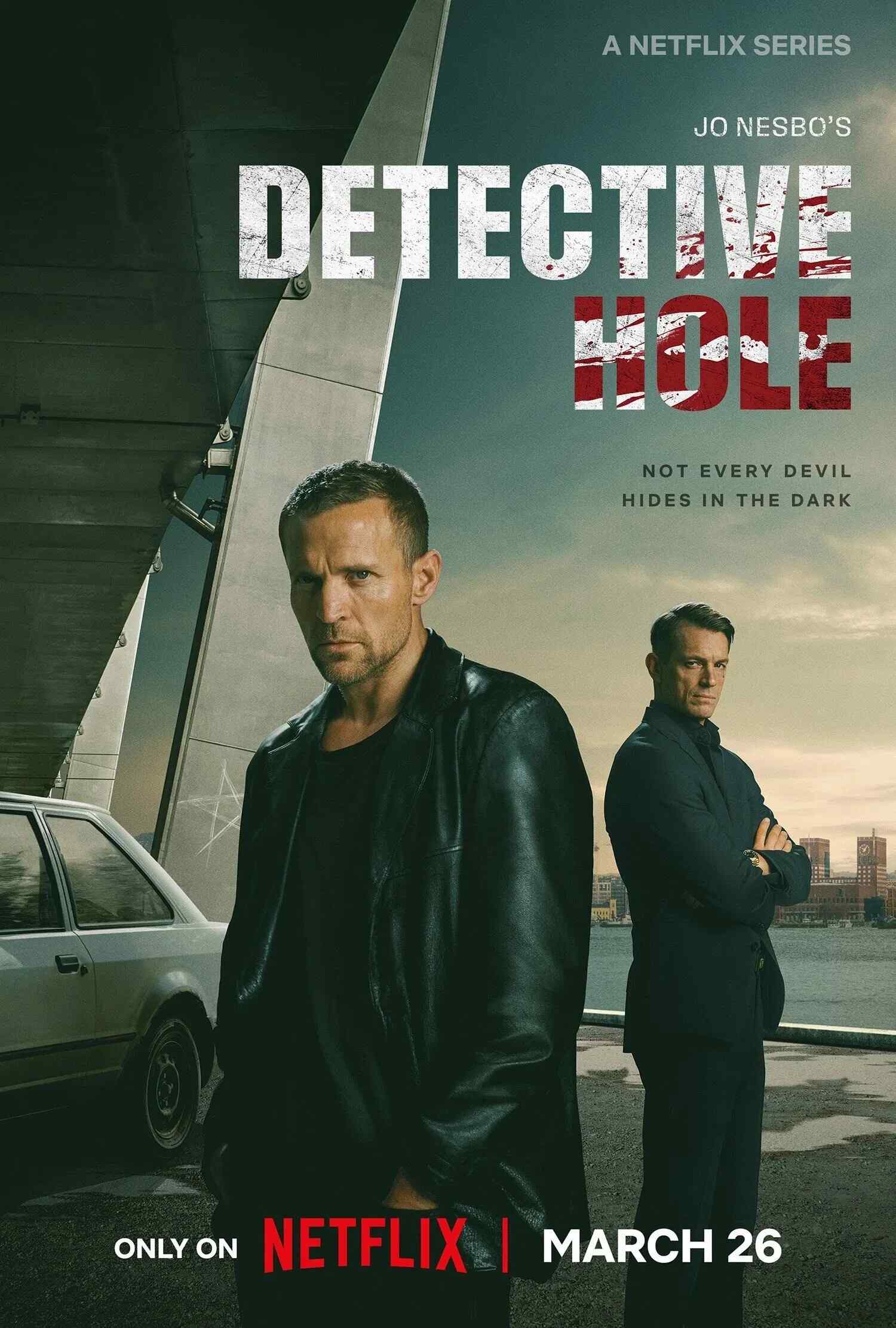 Poster chính thức của phim Phim Bí Ẩn, Phim Hình Sự "Thanh Tra Hole" (Detective Hole - 2026), với sự tham gia của diễn viên Tobias Santelmann và Joel Kinnaman.