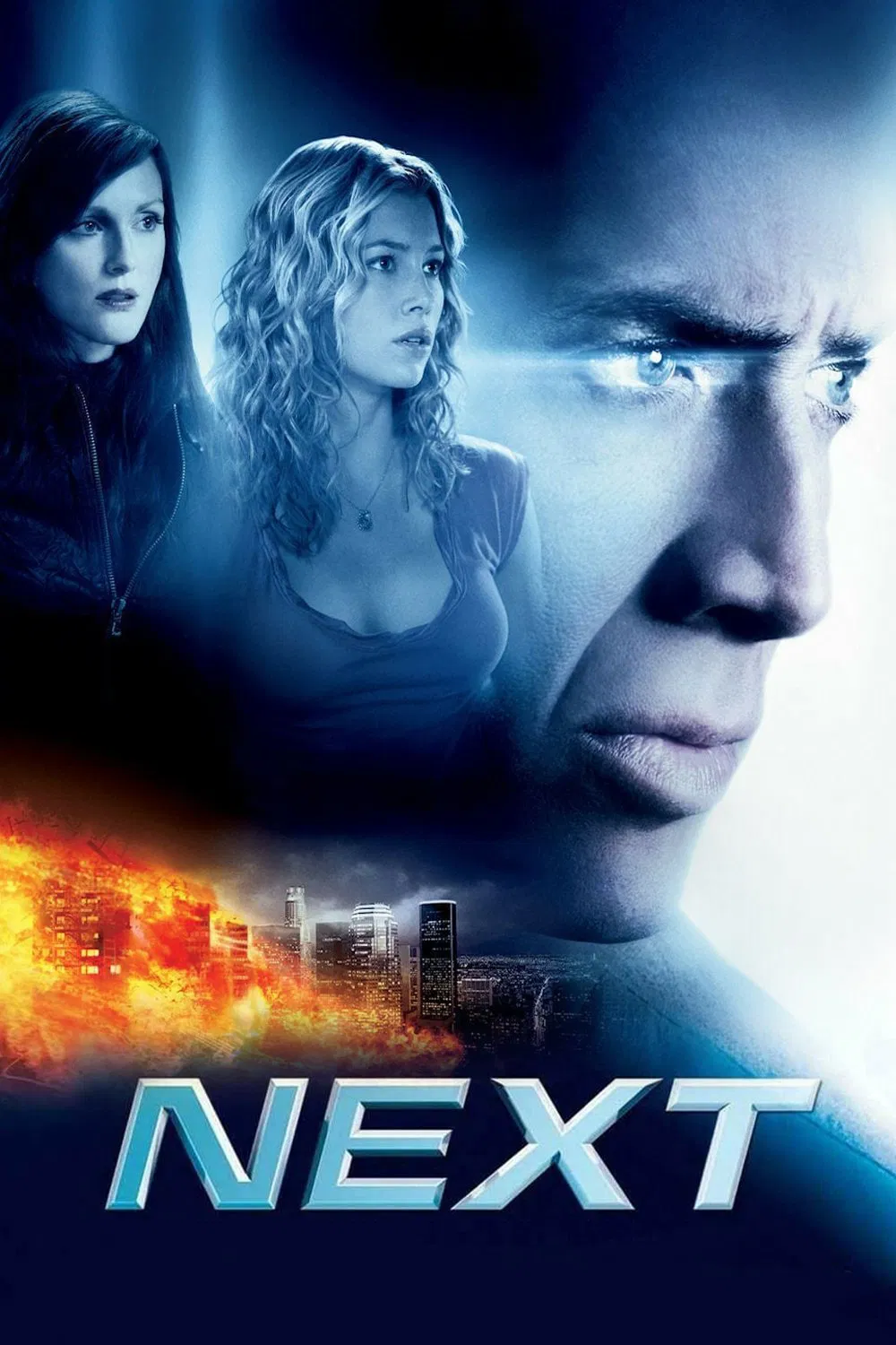 Poster chính thức của phim Phim Hành Động, Phim Viễn Tưởng "Thấy Rõ Tương Lai" (Next - 2007), với sự tham gia của diễn viên Nicolas Cage và Julianne Moore.