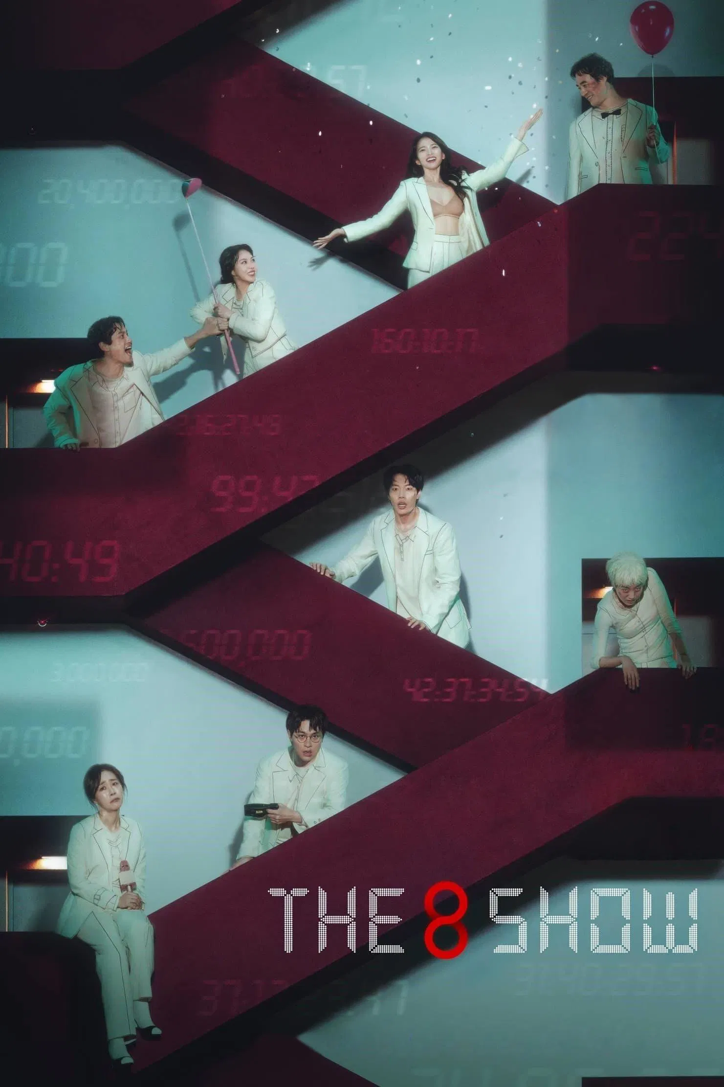 Poster chính thức của phim Phim Tâm Lý, Phim Bí Ẩn "The 8 Show" (The 8 Show - 2024), với sự tham gia của diễn viên Ryu Jun-yeol và Chun Woo-hee.