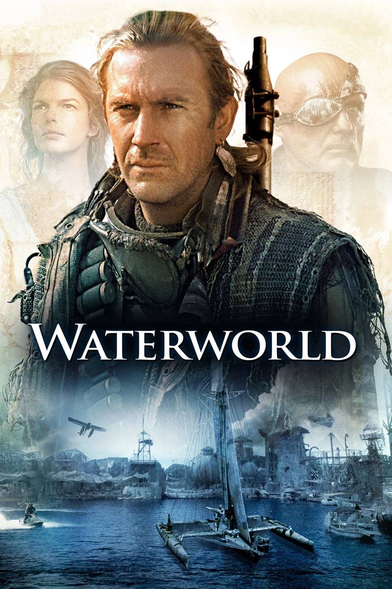 Poster chính thức của phim Phim Phiêu Lưu, Phim Hành Động "Thế Giới Nước" (Waterworld - 1995), với sự tham gia của diễn viên Kevin Costner và Dennis Hopper.