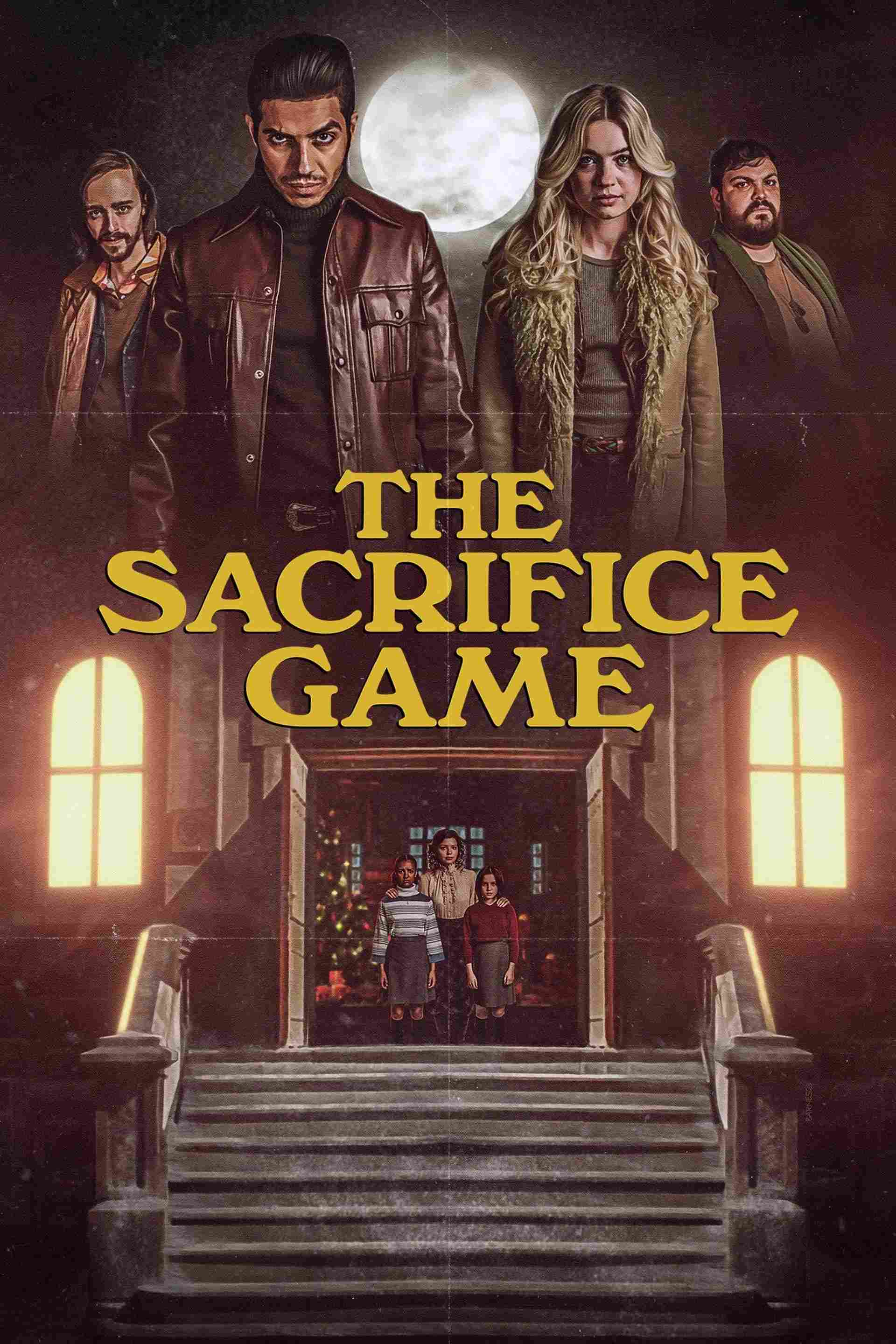 Poster chính thức của phim Phim Kinh Dị, Phim Giật Gân "The Sacrifice Game" (The Sacrifice Game - 2023), với sự tham gia của diễn viên Mena Massoud và Olivia Scott Welch.