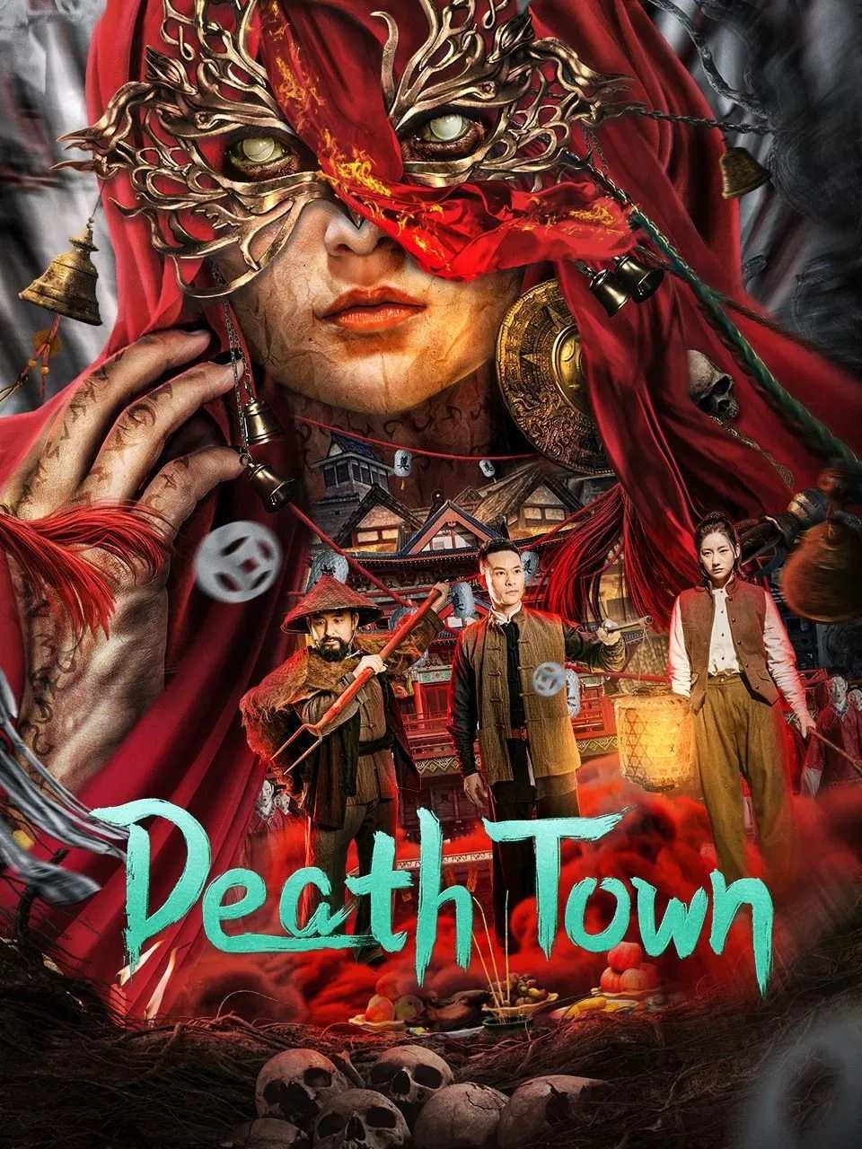 Poster chính thức của phim Phim Giật Gân, Phim Bí Ẩn "Thị Trấn Tử Thần" (Death Town - 2024), với sự tham gia của diễn viên Zhang Luyao và Qiu Bin.