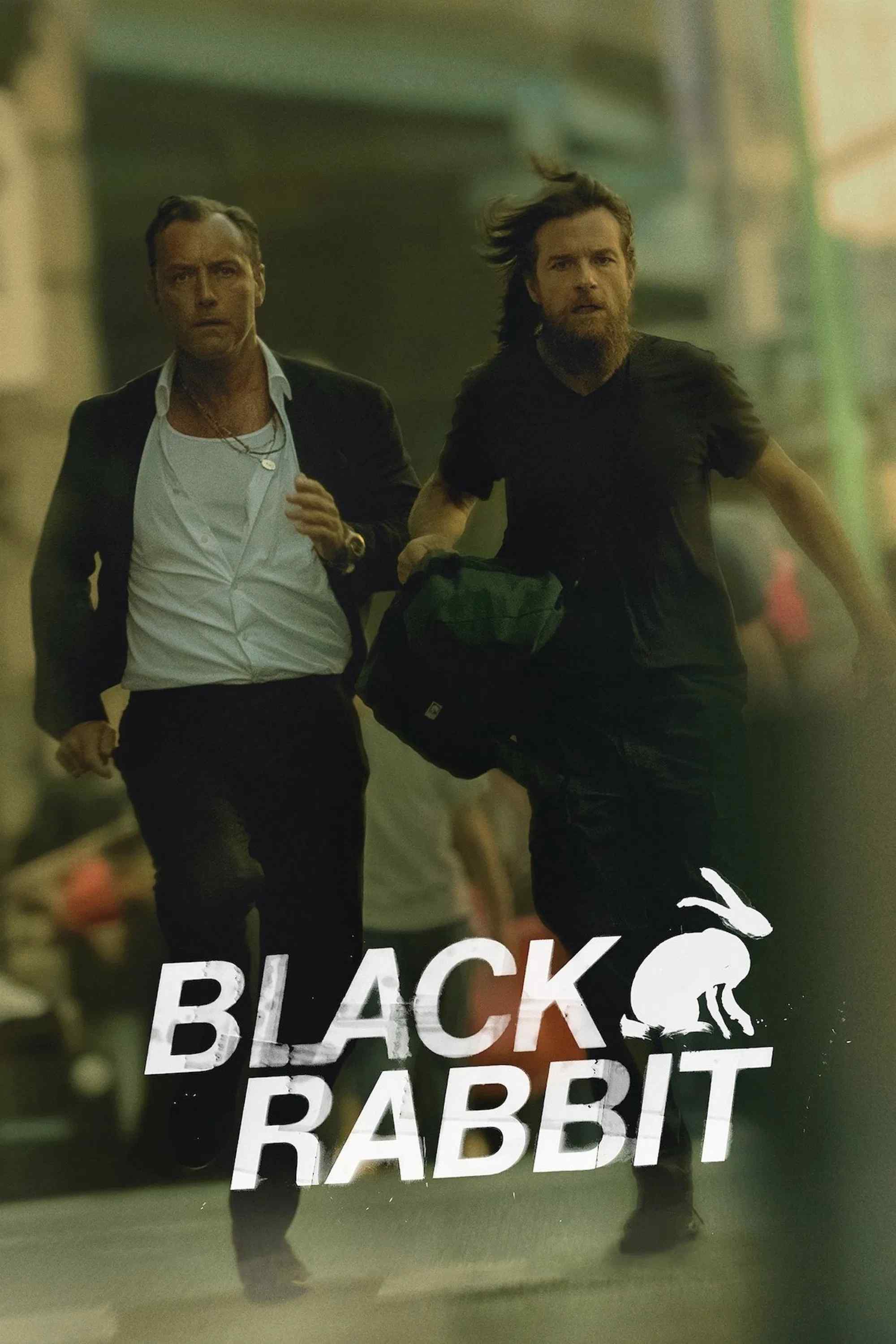 Poster chính thức của phim Phim Tâm Lý, Phim Hình Sự "Thỏ Đen" (Black Rabbit - 2025), với sự tham gia của diễn viên Jason Bateman và Jude Law.