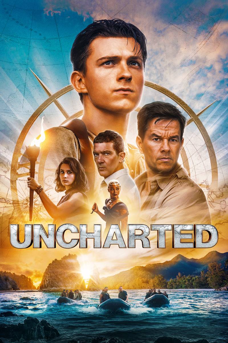 Poster chính thức của phim Phim Hành Động, Phim Phiêu Lưu "Thợ Săn Cổ Vật" (Uncharted - 2022), với sự tham gia của diễn viên Tom Holland và Mark Wahlberg.