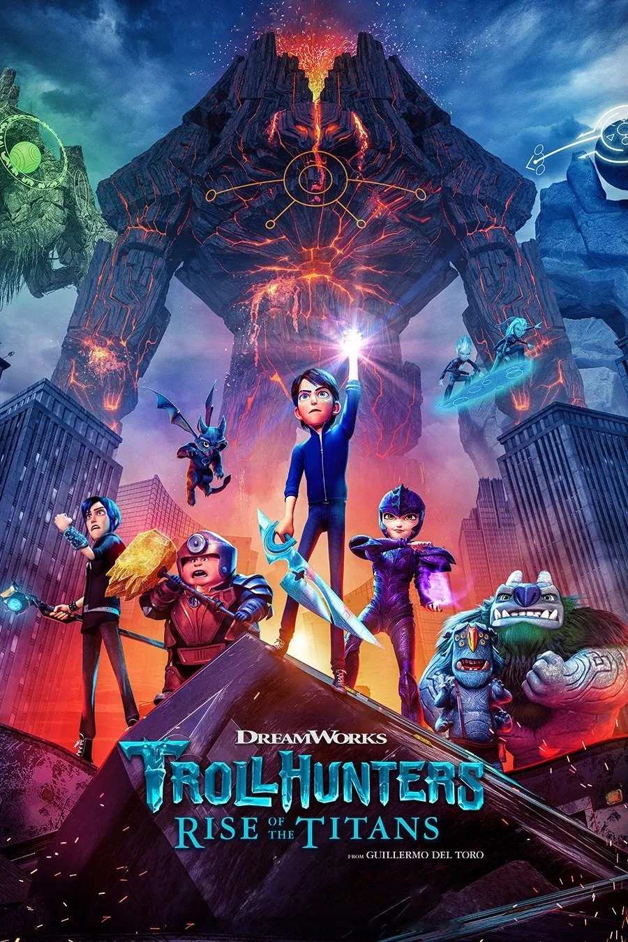 Poster chính thức của phim Phim Hoạt Hình, Phim Giả Tượng "Thợ Săn Yêu Tinh: Titan Trỗi Dậy" (Trollhunters: Rise of the Titans - 2021), với sự tham gia của diễn viên Emile Hirsch và Lexi Medrano.
