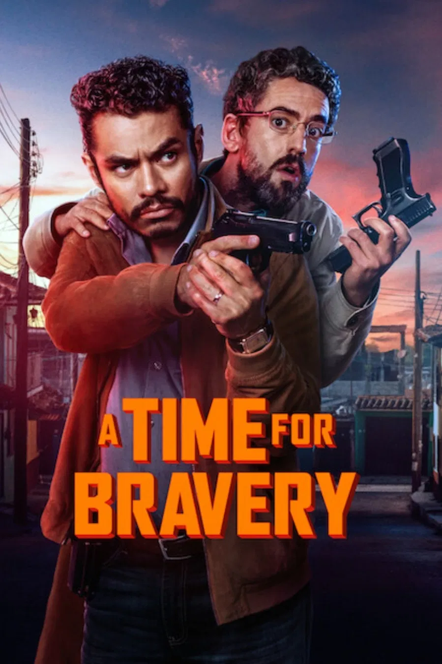 Poster chính thức của phim Phim Hài, Phim Hành Động "Thời Khắc Quả Cảm" (A Time for Bravery - 2025), với sự tham gia của diễn viên Luis Gerardo Méndez và Memo Villegas.