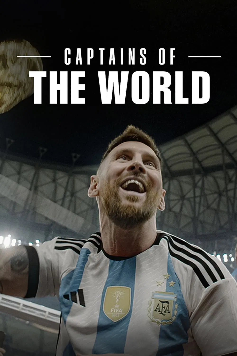 Poster chính thức của phim Phim Tài Liệu "Thủ quân của World Cup" (Captains of the World - 2023), với sự tham gia của diễn viên Lionel Messi và Kylian Mbappé.