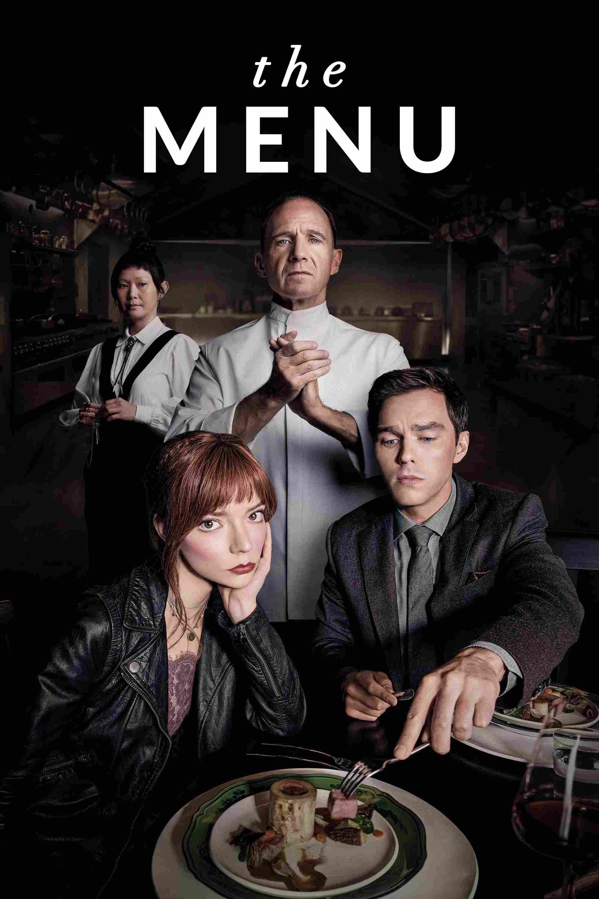 Poster chính thức của phim Phim Hài, Phim Kinh Dị "Thực Đơn Bí Ẩn" (The Menu - 2022), với sự tham gia của diễn viên Anya Taylor-Joy và Ralph Fiennes.