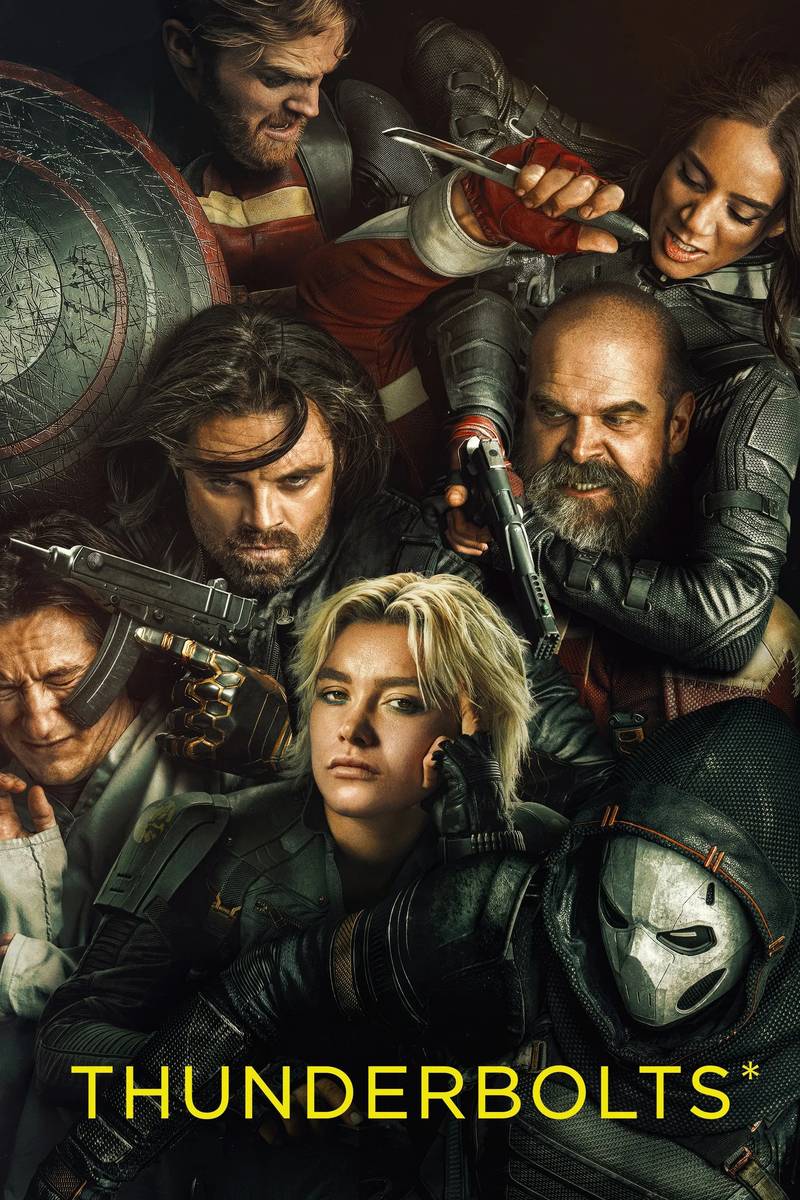 Poster chính thức của phim Phim Hành Động, Phim Viễn Tưởng "Biệt Đội Sấm Sét" (Thunderbolts* - 2025), với sự tham gia của diễn viên Florence Pugh và Sebastian Stan.