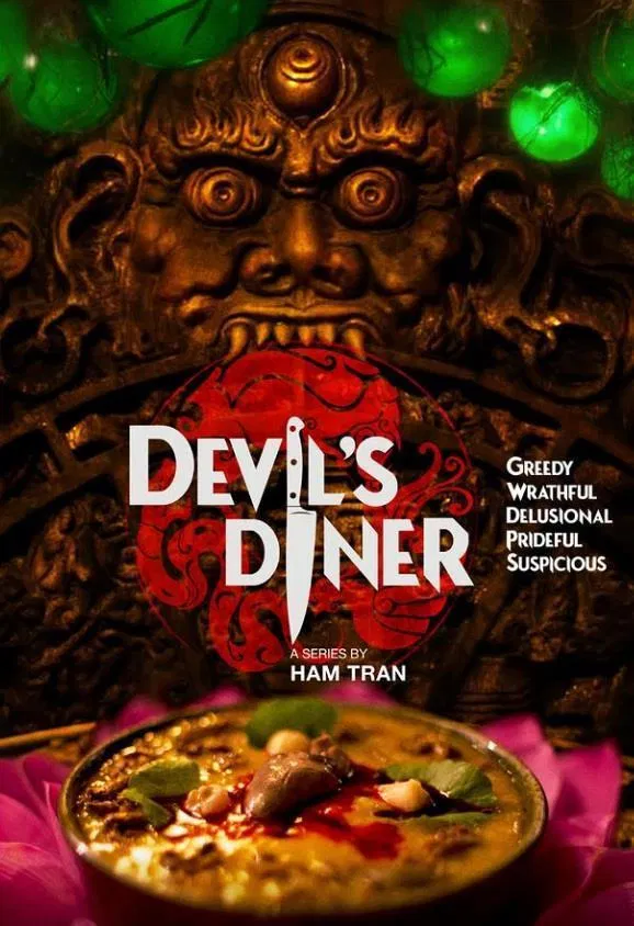 Poster chính thức của phim Phim Bí Ẩn "Tiệm Ăn Của Quỷ" (Devil's Diner - 2025), với sự tham gia của diễn viên Lê Quốc Nam và Kiều Trinh.