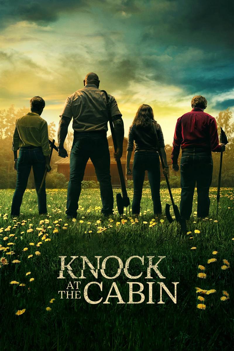 Poster chính thức của phim Phim Kinh Dị, Phim Bí Ẩn "Tiếng Gõ Ở Căn Nhà Gỗ" (Knock at the Cabin - 2023), với sự tham gia của diễn viên Dave Bautista và Jonathan Groff.