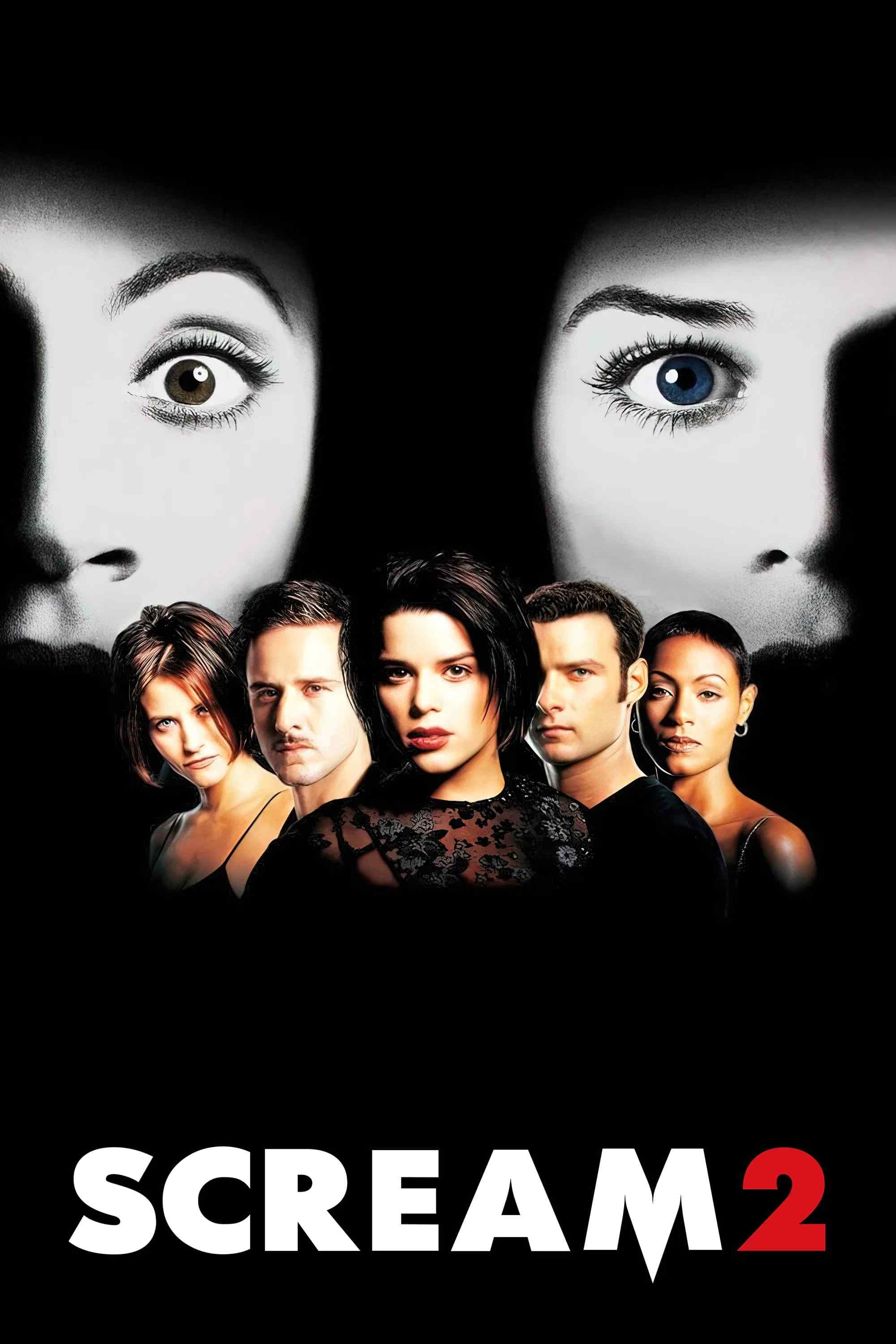 Poster chính thức của phim Phim Kinh Dị, Phim Bí Ẩn "Tiếng Thét 2" (Scream 2 - 1997), với sự tham gia của diễn viên Neve Campbell và Courteney Cox.