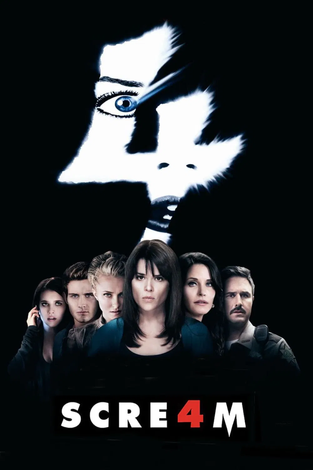 Poster chính thức của phim Phim Kinh Dị, Phim Bí Ẩn "Tiếng Thét 4" (Scream 4 - 2011), với sự tham gia của diễn viên David Arquette và Neve Campbell.