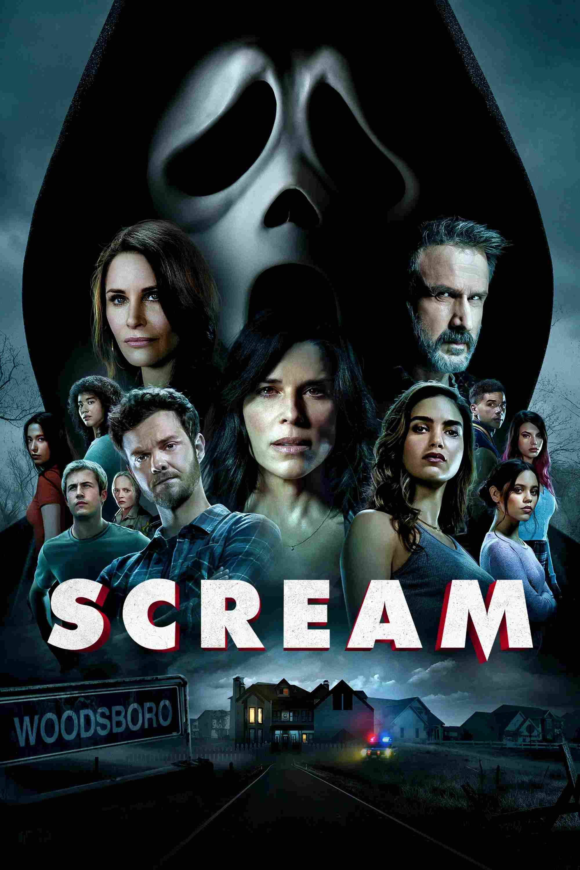 Poster chính thức của phim Phim Kinh Dị, Phim Bí Ẩn "Tiếng Thét 5" (Scream - 2022), với sự tham gia của diễn viên Melissa Barrera và Jenna Ortega.