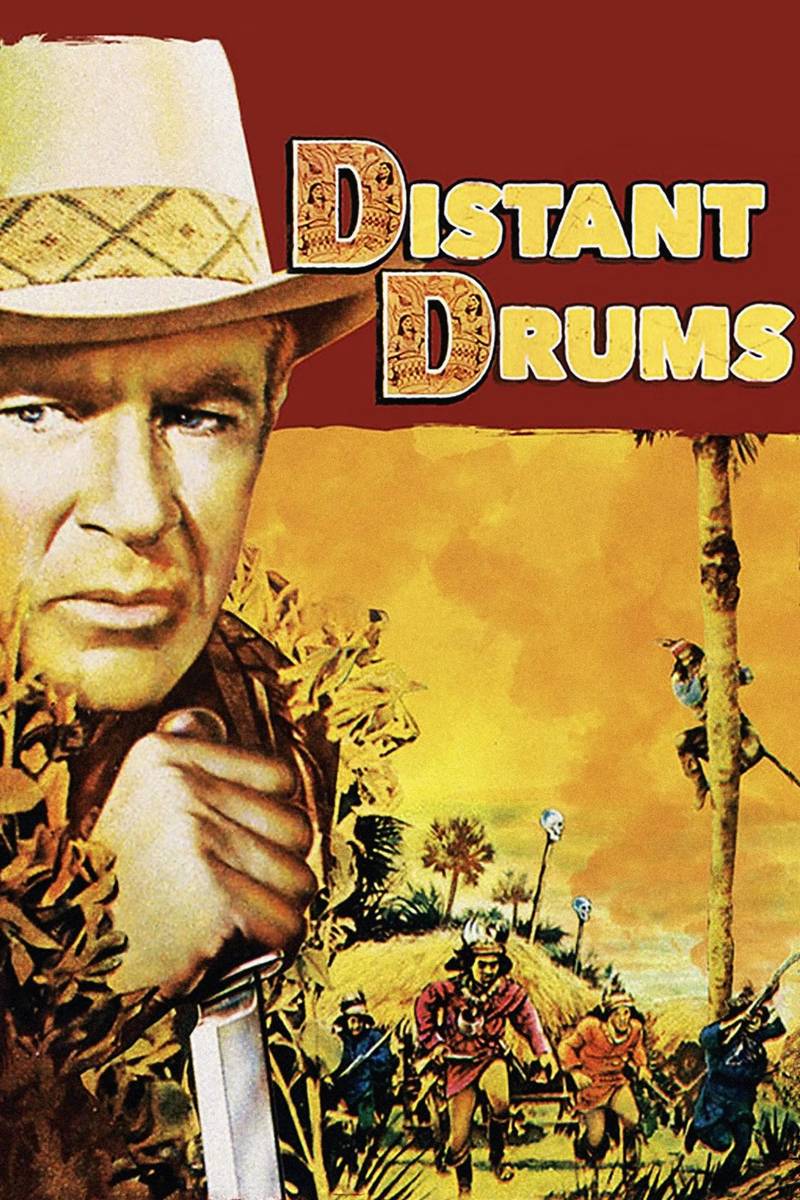 Poster chính thức của phim Phim Miền Tây, Phim Phiêu Lưu "Tiếng trống xa xăm" (Distant Drums - 1951), với sự tham gia của diễn viên Gary Cooper và Mari Aldon.