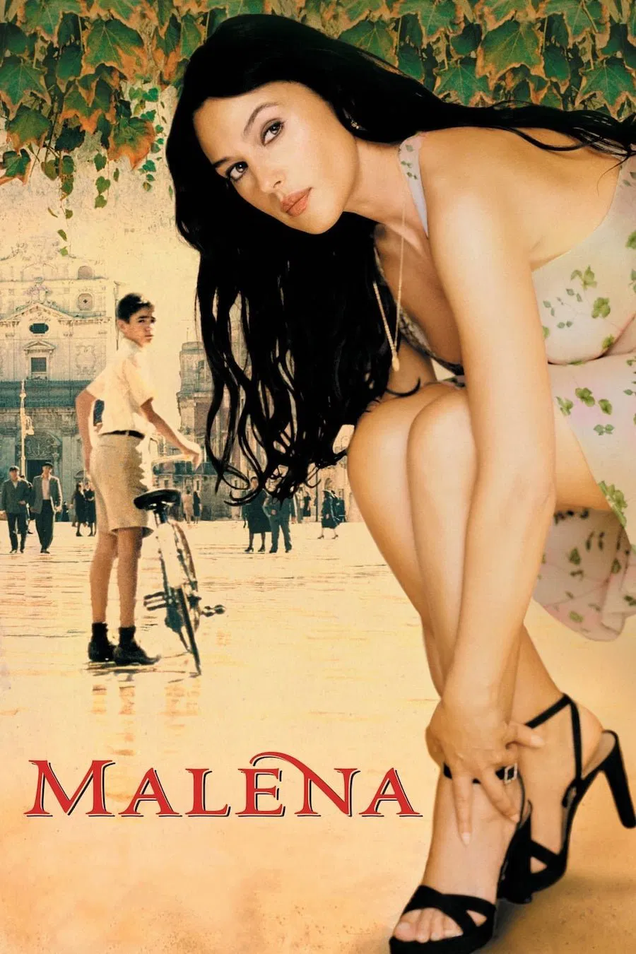 Poster chính thức của phim Phim Tâm Lý "Tình Yêu Đầu Đời" (Malena - 2000), với sự tham gia của diễn viên Monica Bellucci và Giuseppe Sulfaro.