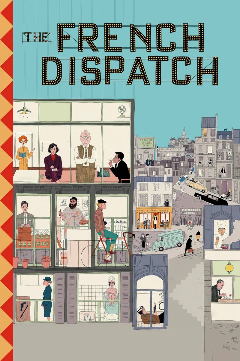 Poster chính thức của phim Phim Tâm Lý, Phim Hài "Tờ Báo Công Văn Pháp" (The French Dispatch of the Liberty, Kansas Evening Sun - 2021), với sự tham gia của diễn viên Benicio del Toro và Adrien Brody.