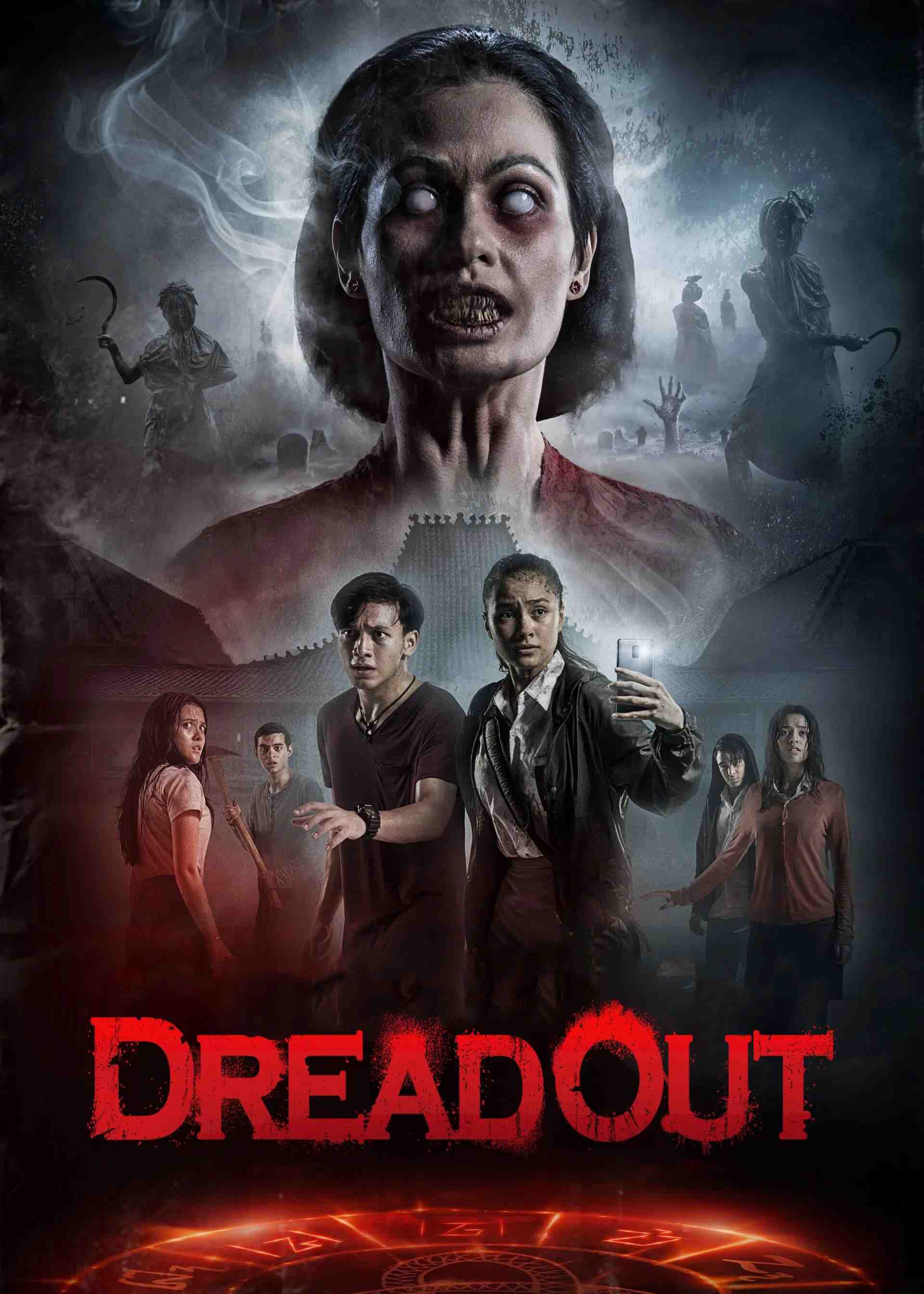 Poster chính thức của phim Phim Kinh Dị, Phim Giật Gân "Tòa Tháp Địa Ngục" (DreadOut - 2019), với sự tham gia của diễn viên Caitlin Halderman và Jefri Nichol.