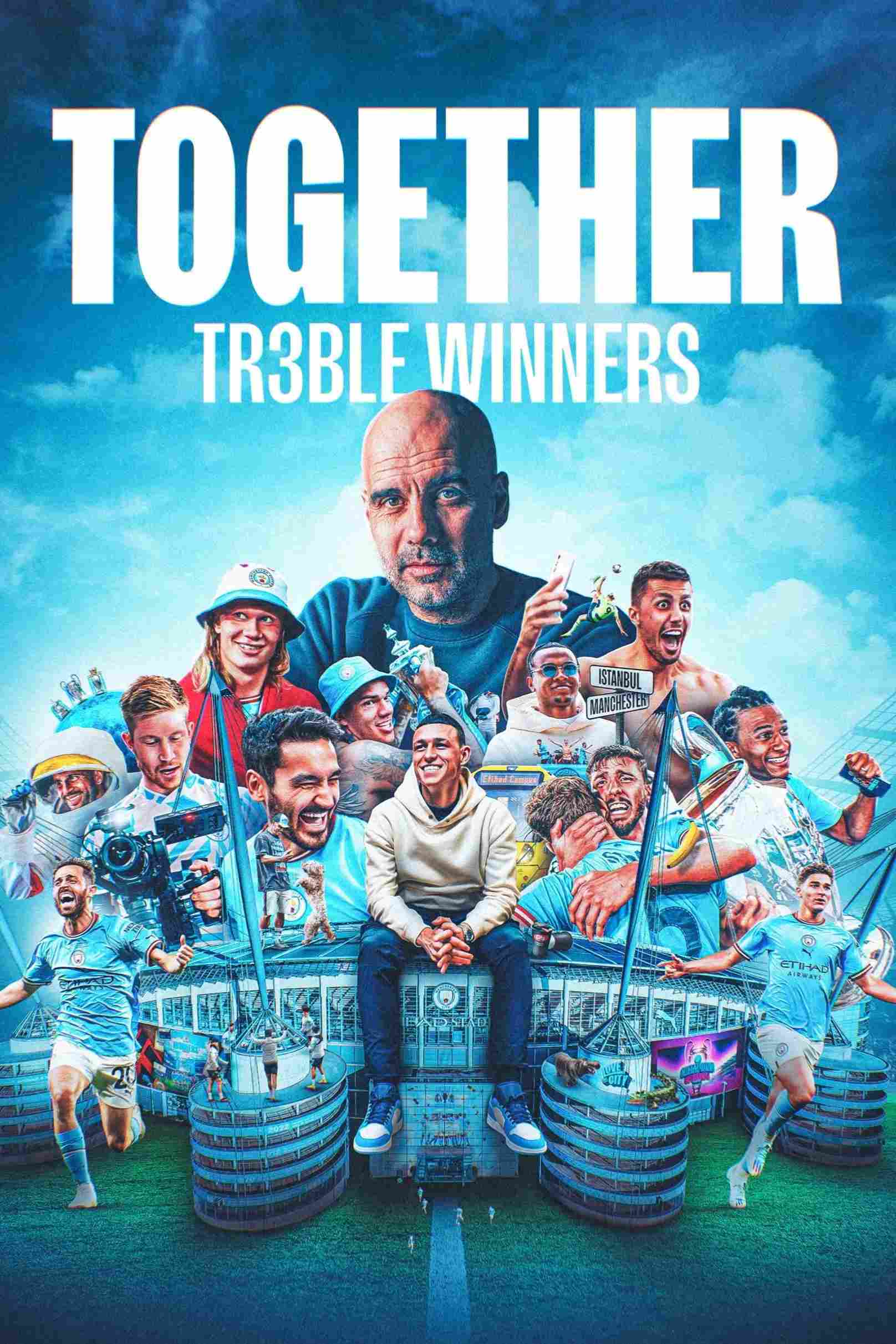 Poster chính thức của phim Phim Tài Liệu "Together: Cú ăn ba của Manchester City" (Together: Treble Winners - 2024), với sự tham gia của diễn viên Pep Guardiola và Erling Haaland.