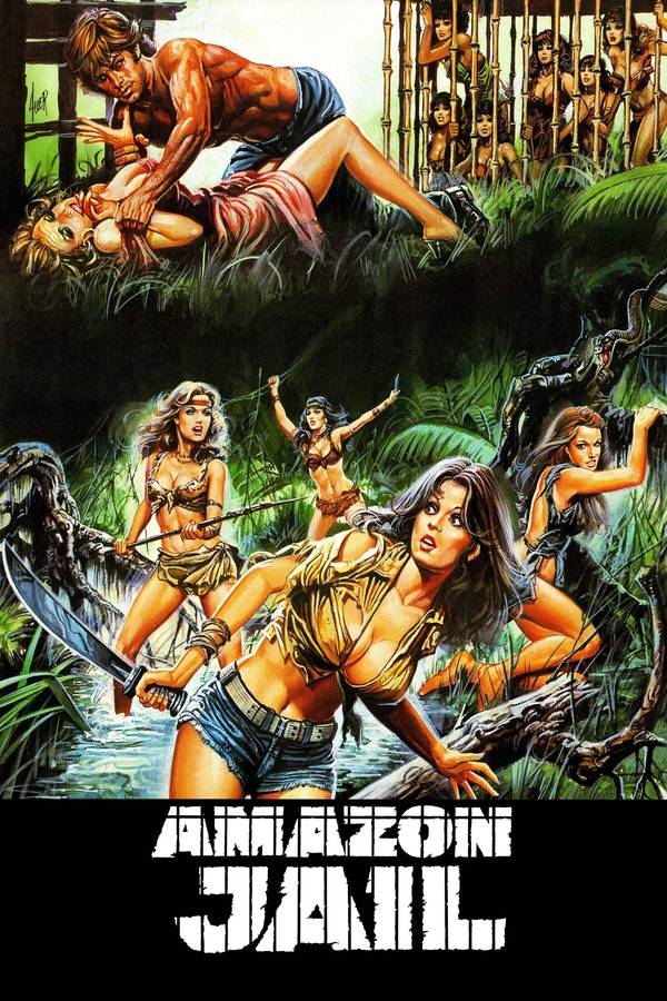 Poster chính thức của phim Phim Giật Gân, Phim Phiêu Lưu "Trại Tù Amazon" (Amazon Jail - 1982), với sự tham gia của diễn viên Elizabeth Hartmann và Maurício do Valle.