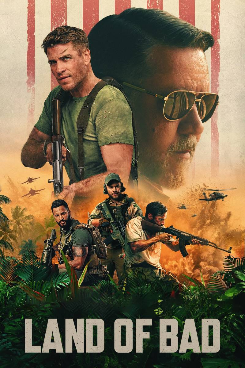 Poster chính thức của phim Phim Hành Động, Phim Chiến Tranh "Trận Chiến Tàn Khốc" (Land of Bad - 2024), với sự tham gia của diễn viên Liam Hemsworth và Russell Crowe.