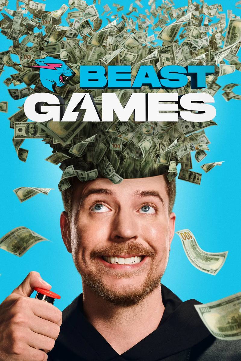 Poster chính thức của phim Truyền Hình Thực Tế "Trò Chơi Quái Vật" (Beast Games - 2024), với sự tham gia của diễn viên Jimmy Donaldson và Chandler Hallow.
