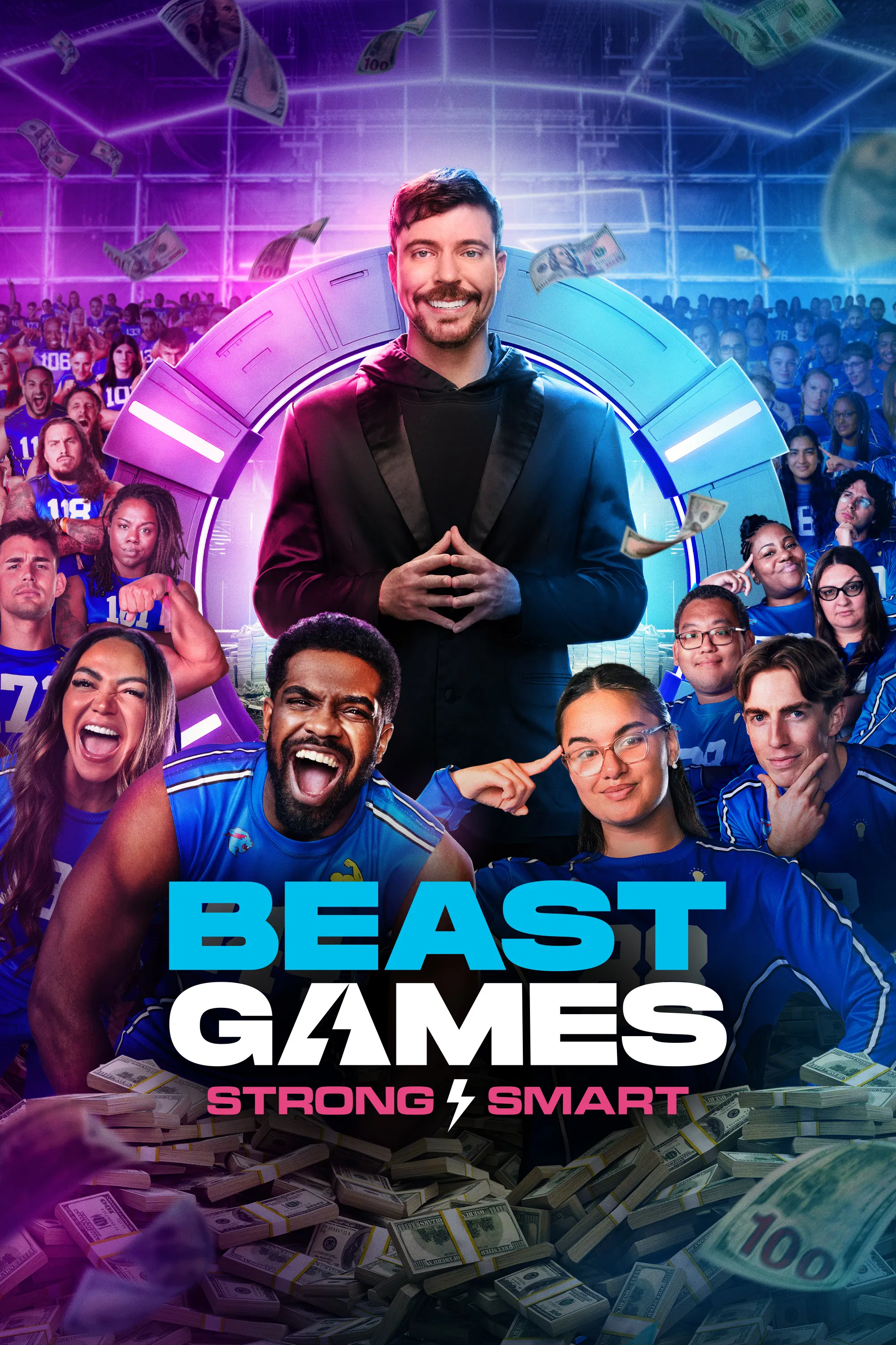 Poster chính thức của phim Truyền Hình Thực Tế "Trò Chơi Quái Vật (Phần 2)" (Beast Games - 2024), với sự tham gia của diễn viên Jimmy Donaldson và Chandler Hallow.