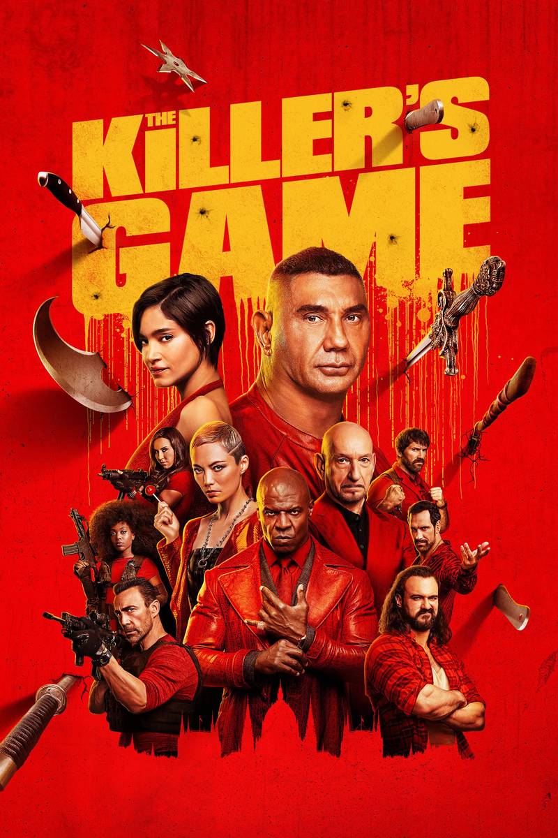 Poster chính thức của phim Phim Hành Động, Phim Hài "Trò Chơi Sát Thủ" (The Killer's Game - 2024), với sự tham gia của diễn viên Dave Bautista và Sofia Boutella.
