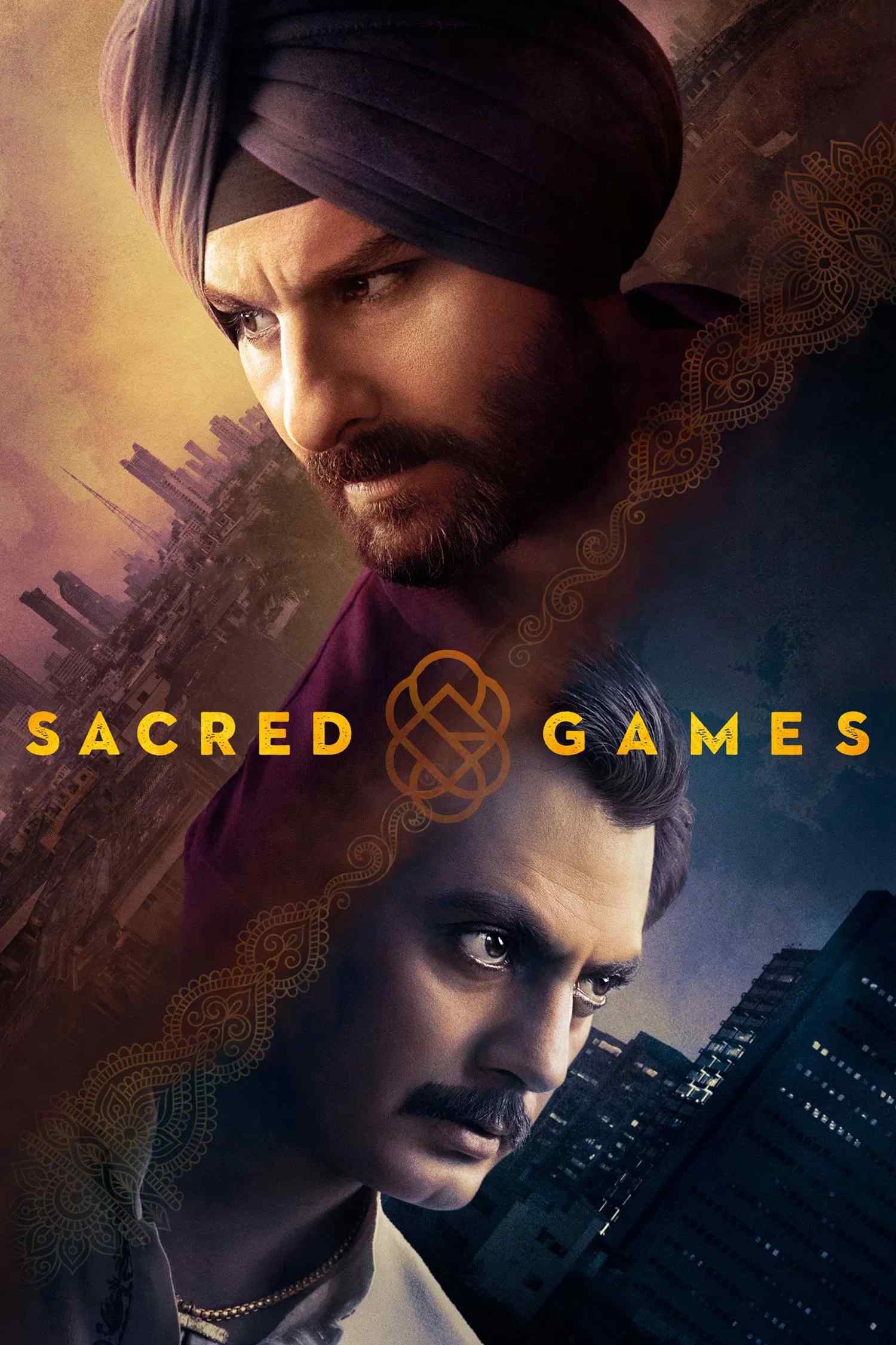 Poster chính thức của phim Phim Tâm Lý, Phim Hình Sự "Trò Chơi Thần Thánh (Phần 1)" (Sacred Games - 2018), với sự tham gia của diễn viên Saif Ali Khan và Nawazuddin Siddiqui.