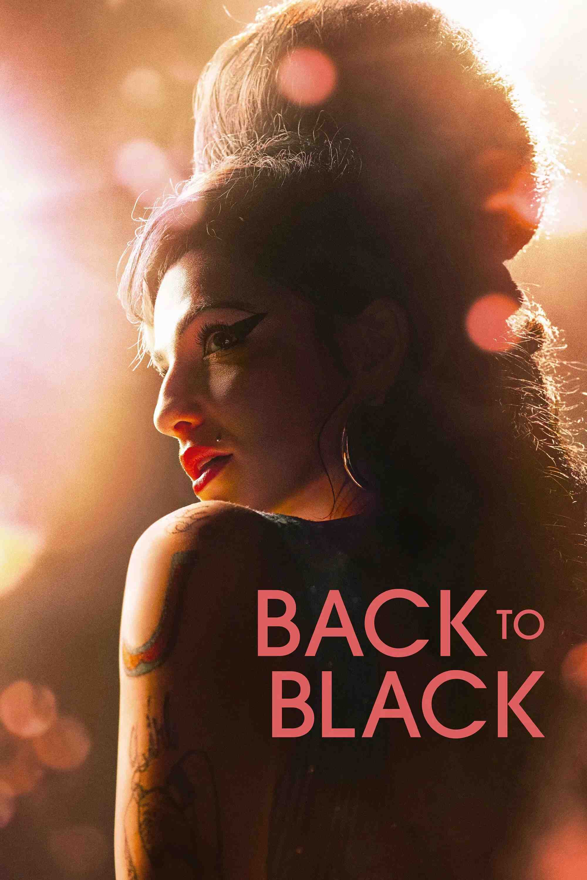 Poster chính thức của phim Phim Ca Nhạc, Phim Lịch Sử "Trở Lại Với Màu Đen" (Back to Black - 2024), với sự tham gia của diễn viên Marisa Abela và Jack O'Connell.