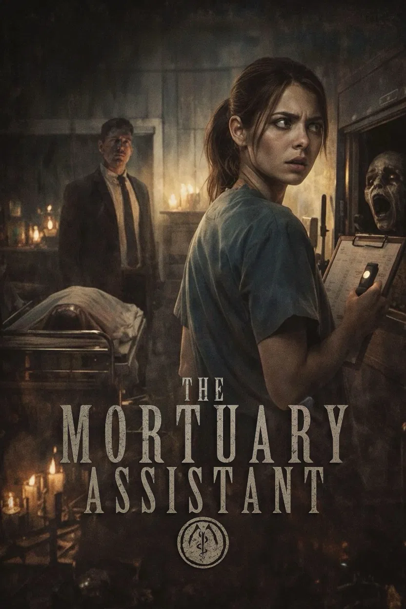 Poster chính thức của phim Phim Kinh Dị, Phim Bí Ẩn "Trợ Lý Nhà Xác" (The Mortuary Assistant - 2026), với sự tham gia của diễn viên Willa Holland và Paul Sparks.
