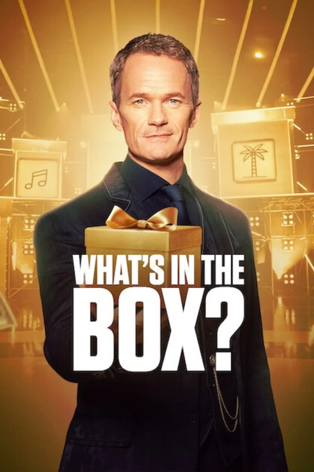 Poster chính thức của phim Truyền Hình Thực Tế "Trong Hộp Có Gì?" (What's in the Box? - 2025), với sự tham gia của diễn viên Neil Patrick Harris.