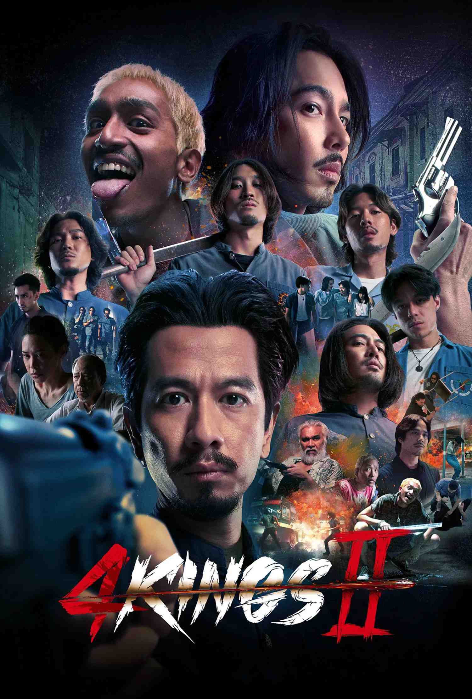 Poster chính thức của phim Phim Tâm Lý, Phim Hành Động "Tứ Vương 2" (4 Kings II - 2023), với sự tham gia của diễn viên Somphol Rungphanit và D Gerrard.