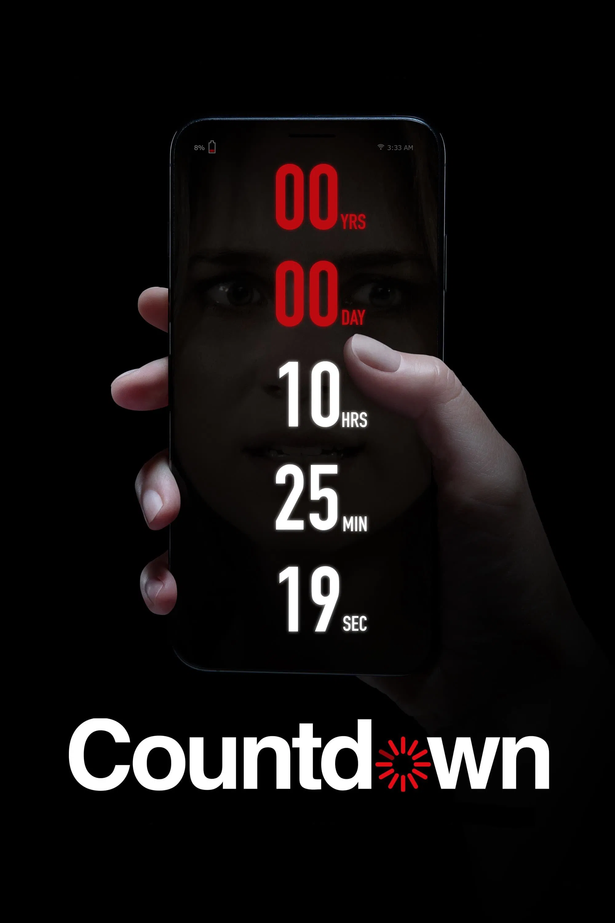 Poster chính thức của phim Phim Kinh Dị, Phim Giật Gân "Ứng Dụng Tử Thần" (Countdown - 2019), với sự tham gia của diễn viên Elizabeth Lail và Jordan Calloway.