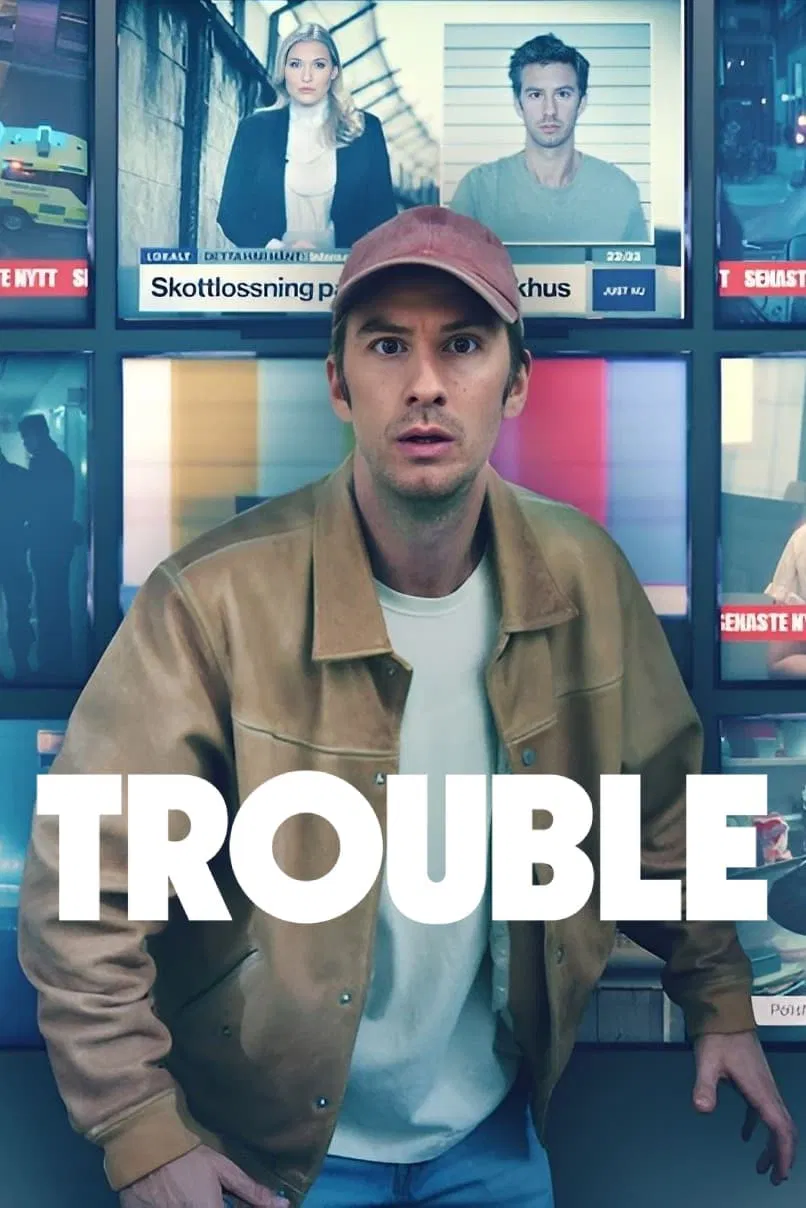 Poster chính thức của phim Phim Hành Động, Phim Hài "Vận Nạn" (Trouble - 2024), với sự tham gia của diễn viên Filip Berg và Amy Deasismont.