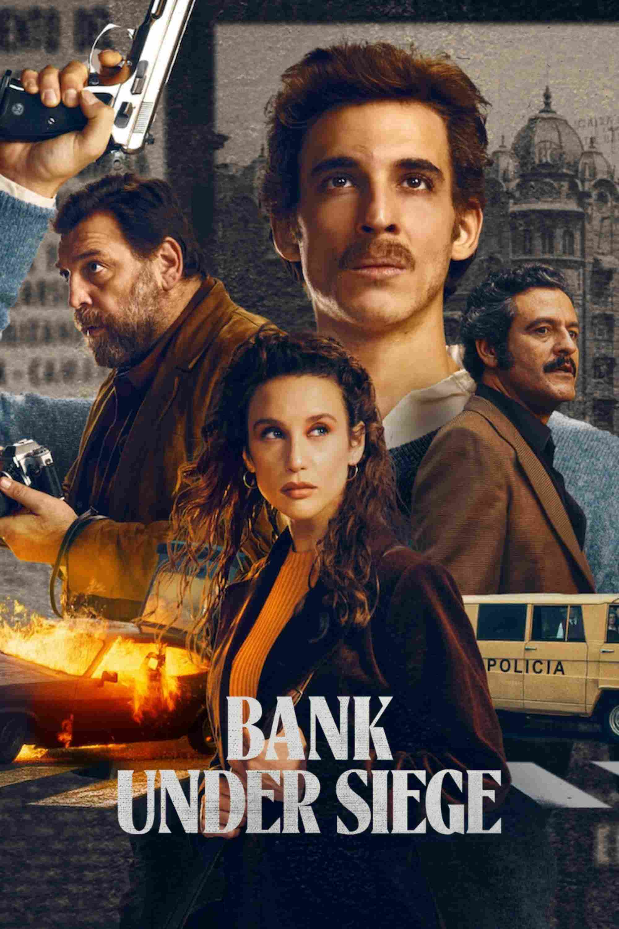 Poster chính thức của phim Phim Hình Sự, Phim Tâm Lý "Vây hãm ngân hàng Banco Central" (Bank Under Siege - 2024), với sự tham gia của diễn viên Miguel Herrán và María Pedraza.