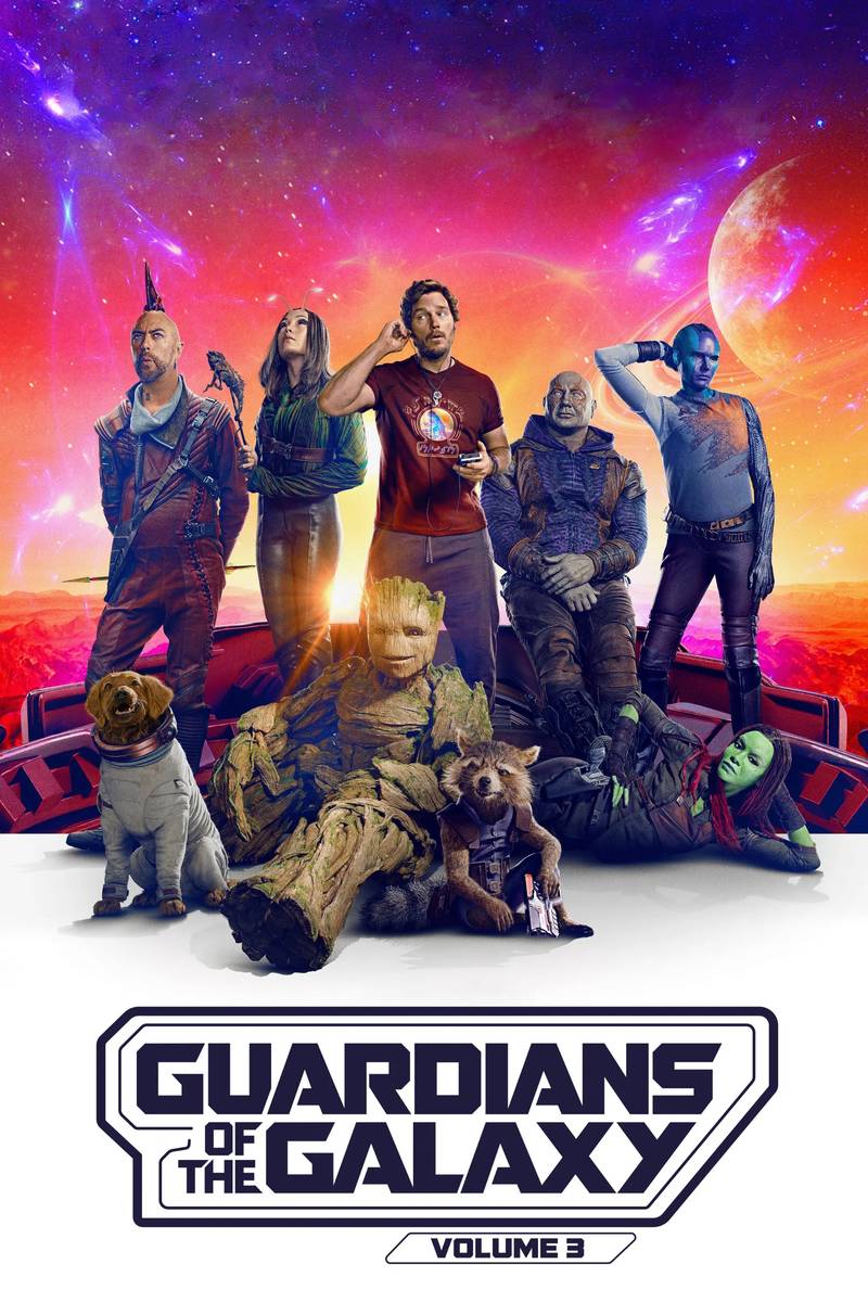 Poster chính thức của phim Phim Viễn Tưởng, Phim Phiêu Lưu "Vệ Binh Dải Ngân Hà 3" (Guardians of the Galaxy Vol. 3 - 2023), với sự tham gia của diễn viên Chris Pratt và Zoe Saldaña.