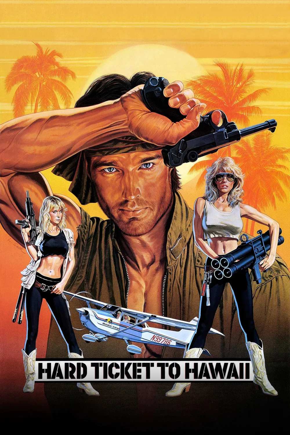 Poster chính thức của phim Phim Hành Động, Phim Phiêu Lưu "Vé cứng đến Hawaii" (Hard Ticket to Hawaii - 1987), với sự tham gia của diễn viên Ronn Moss và Dona Speir.