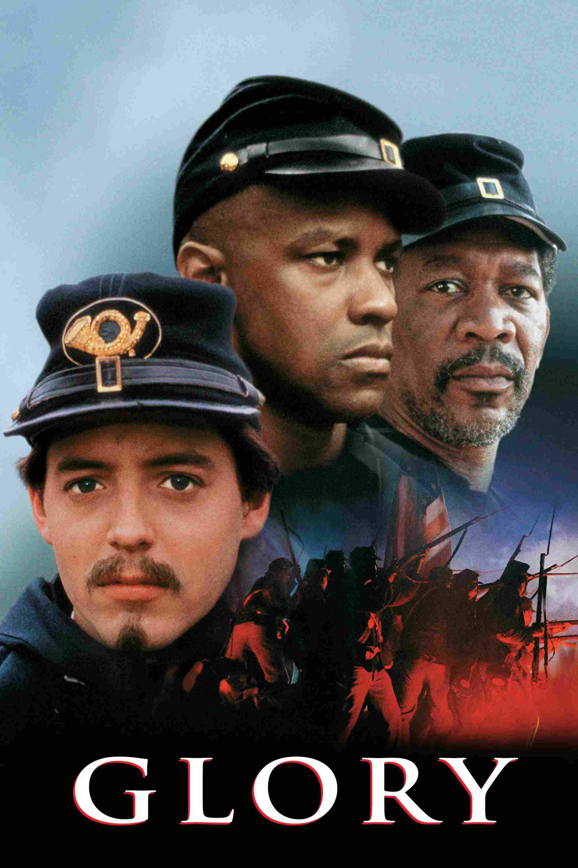Poster chính thức của phim Phim Tâm Lý, Phim Lịch Sử "Vinh Quang" (Glory - 1989), với sự tham gia của diễn viên Matthew Broderick và Denzel Washington.